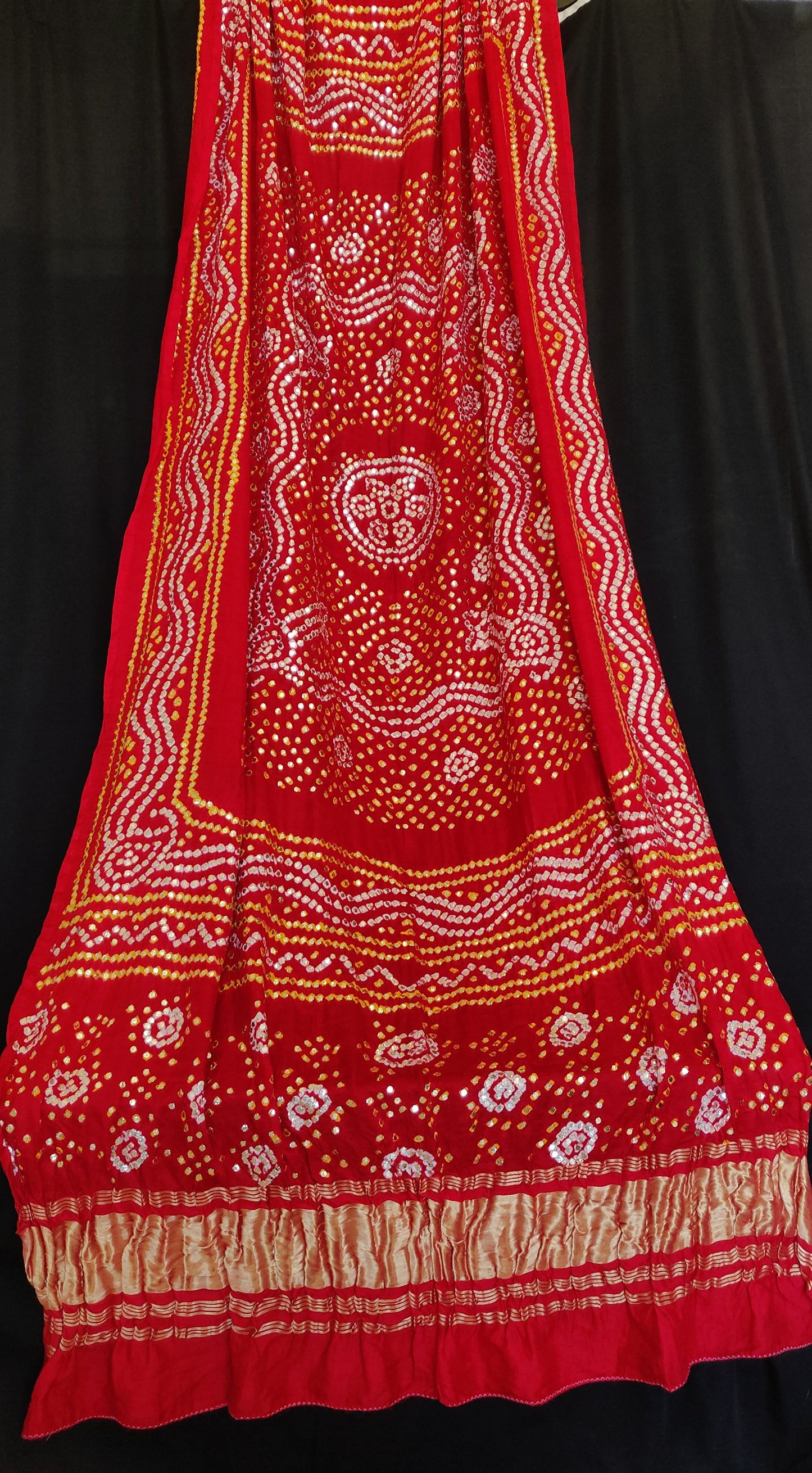 Red gajji silk bandhej dupatta with heavy mukaish work