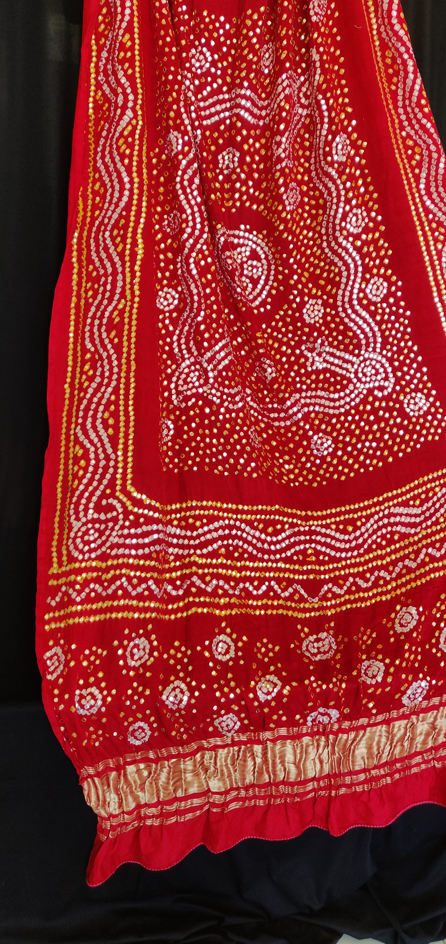 Red gajji silk bandhej dupatta with heavy mukaish work