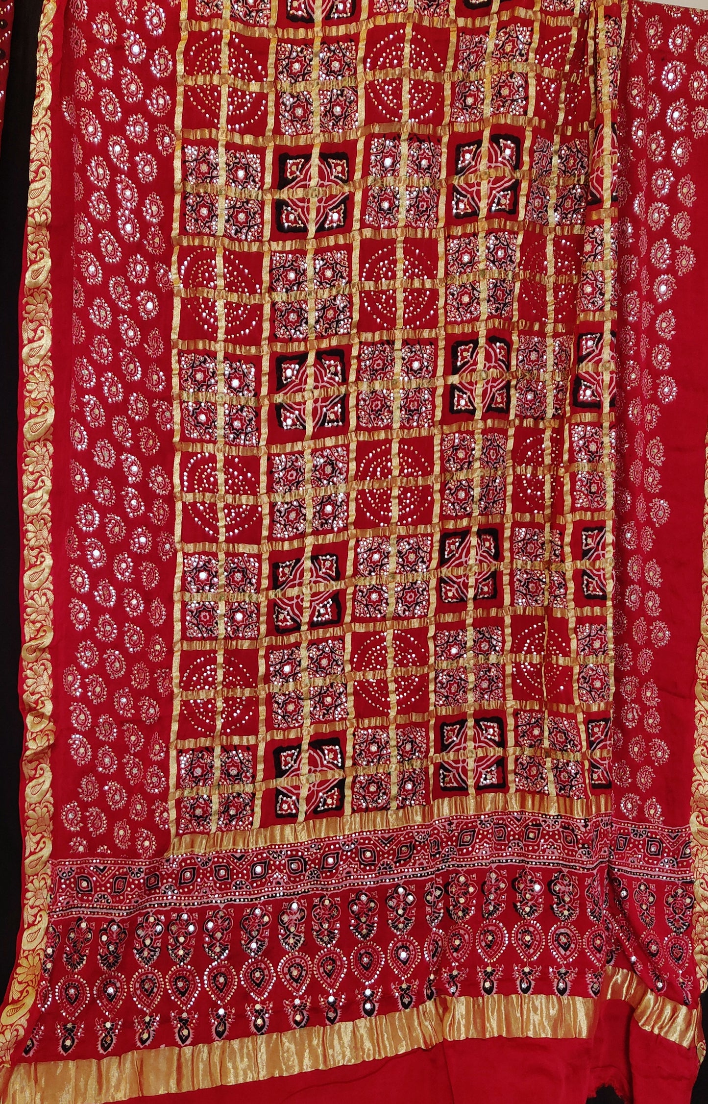Red modal silk gharchola ajrakh block printed dupatta with heavy mukaish
