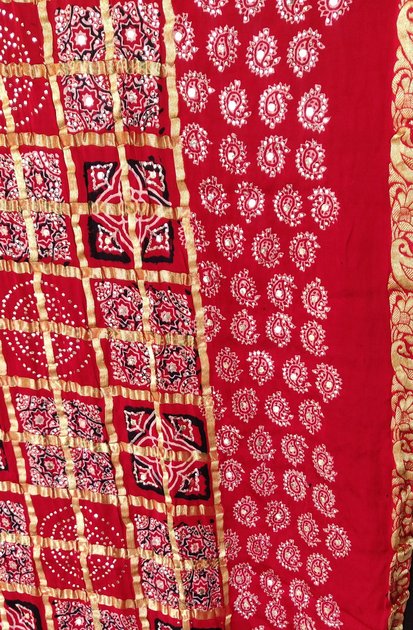 Red modal silk gharchola ajrakh block printed dupatta with heavy mukaish