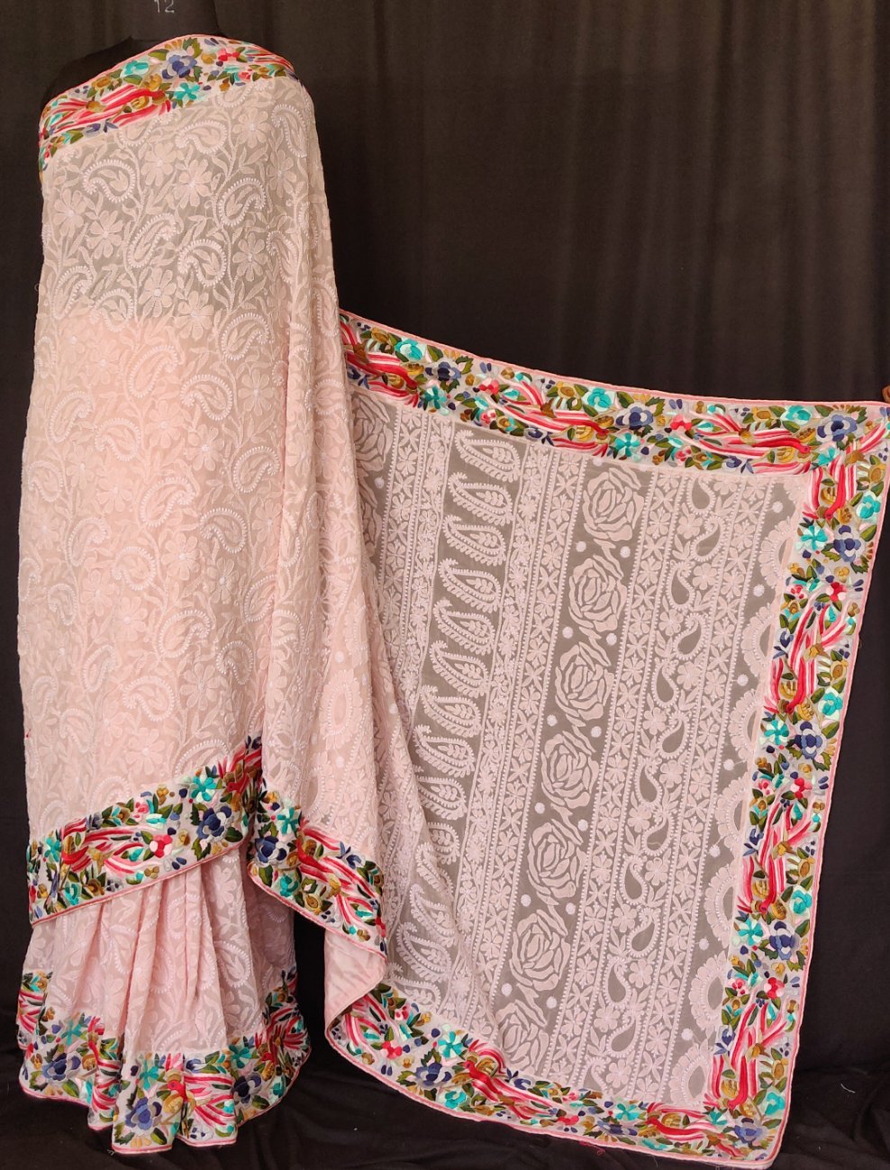 Ruhani peach Chikankari and parsi gara border saree