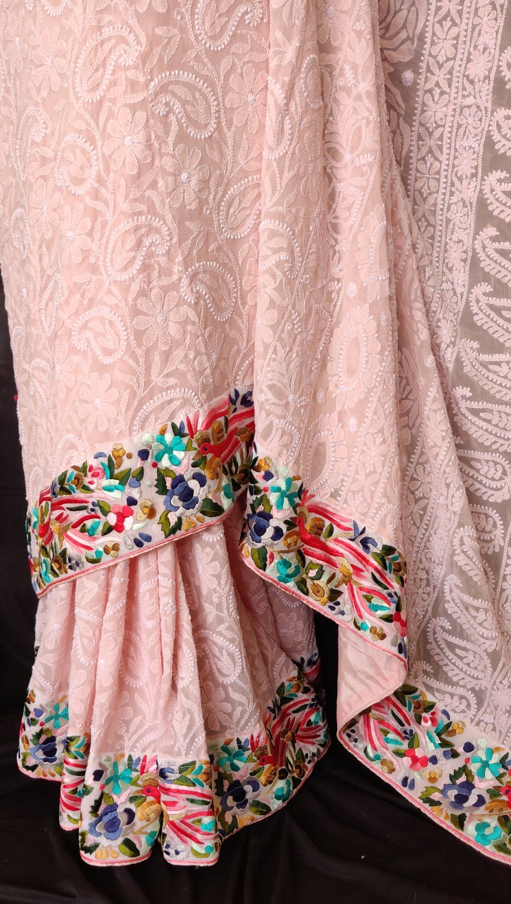 Ruhani peach Chikankari and parsi gara border saree