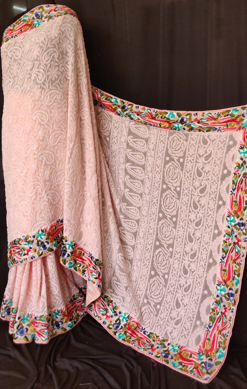 Ruhani peach Chikankari and parsi gara border saree