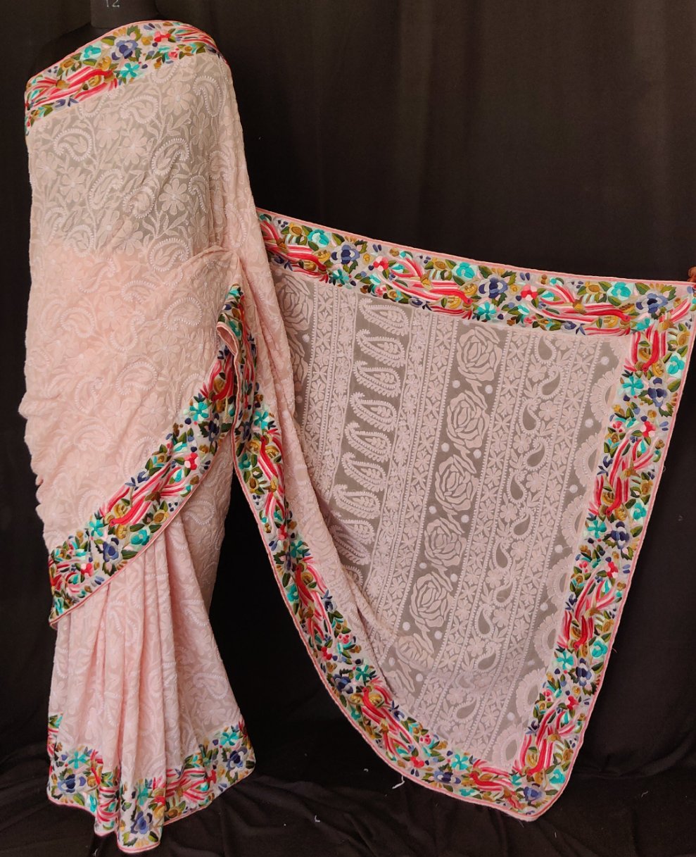 Ruhani peach Chikankari and parsi gara border saree