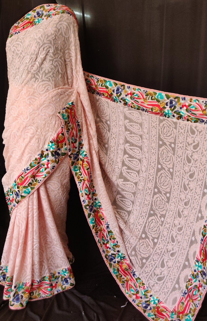 Ruhani peach Chikankari and parsi gara border saree