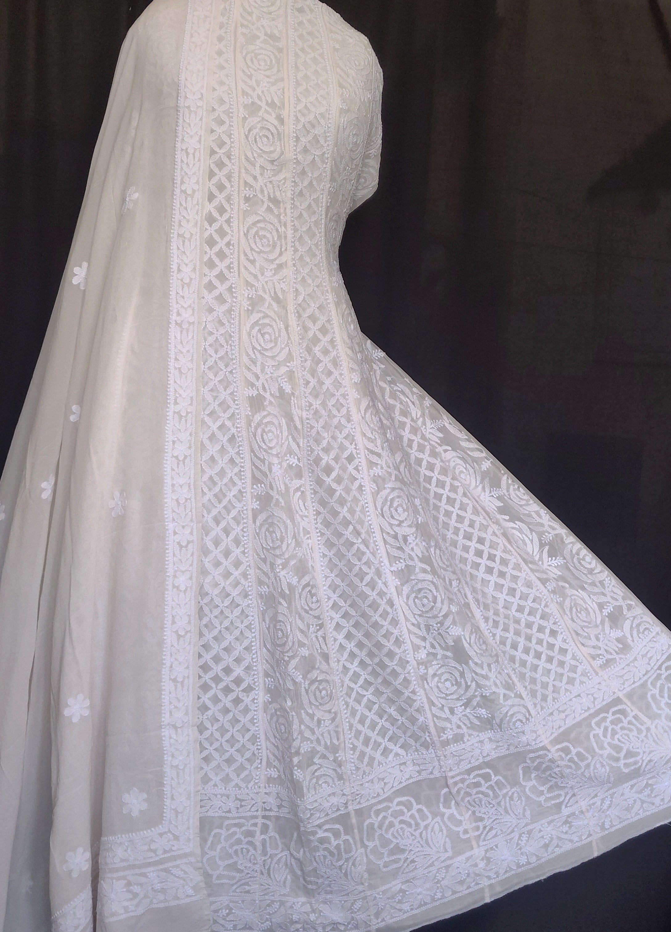 Off White Allover Fine Chikankari Anarkali with dupatta