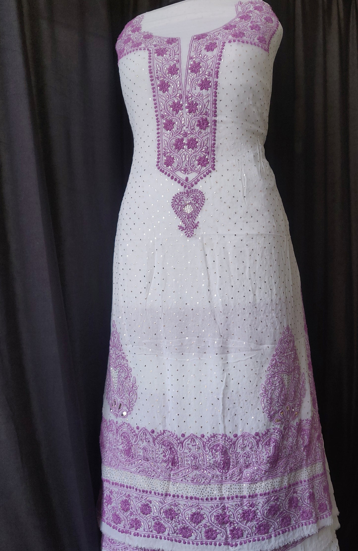 Ivory and lavender Pure georgette Chikankari and intricate mukaish kurta and Dupatta