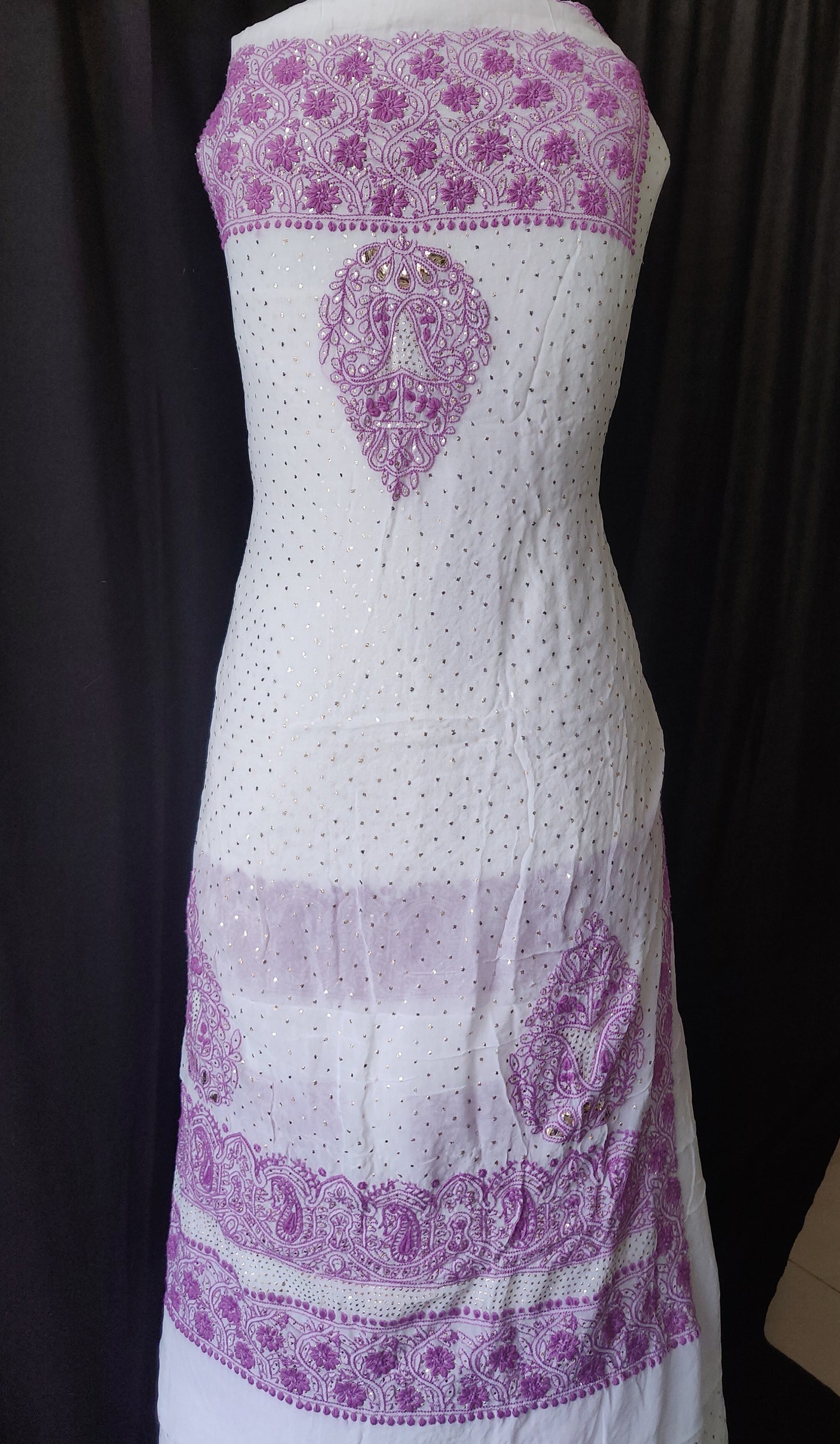 Ivory and lavender Pure georgette Chikankari and intricate mukaish kurta and Dupatta