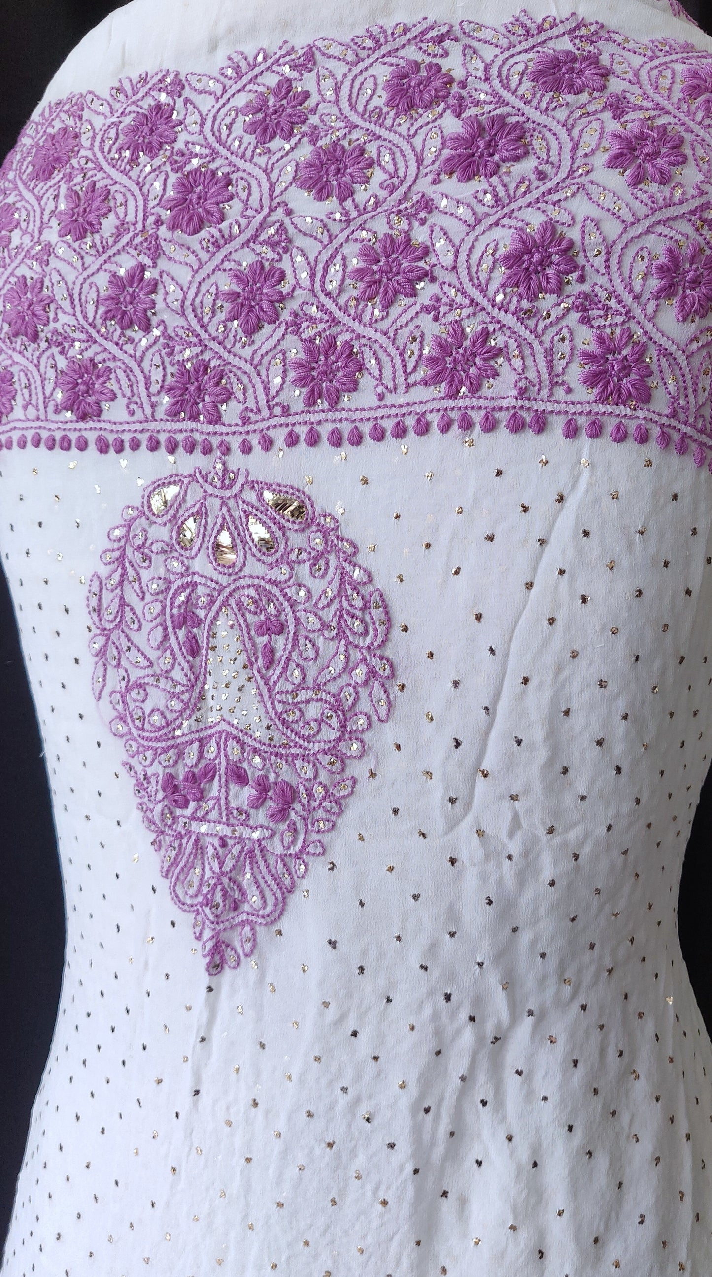 Ivory and lavender Pure georgette Chikankari and intricate mukaish kurta and Dupatta