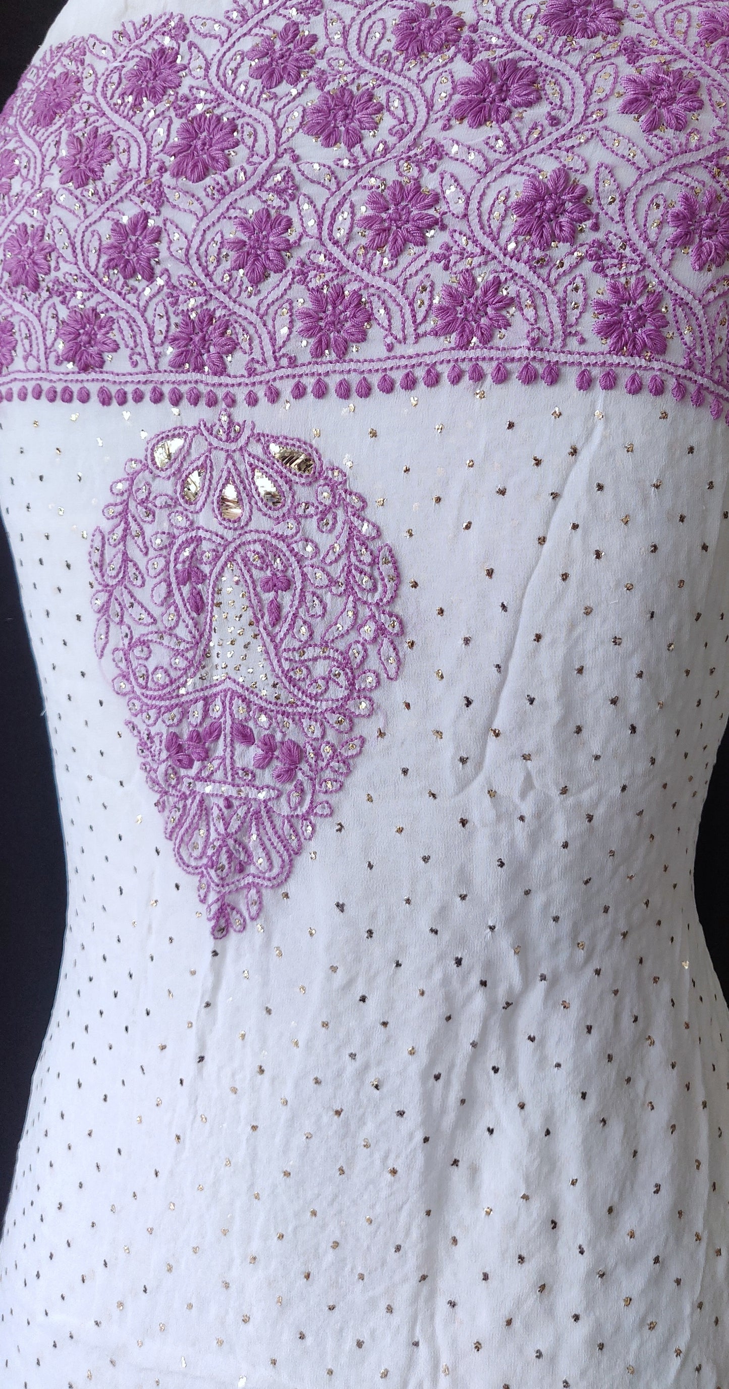 Ivory and lavender Pure georgette Chikankari and intricate mukaish kurta and Dupatta