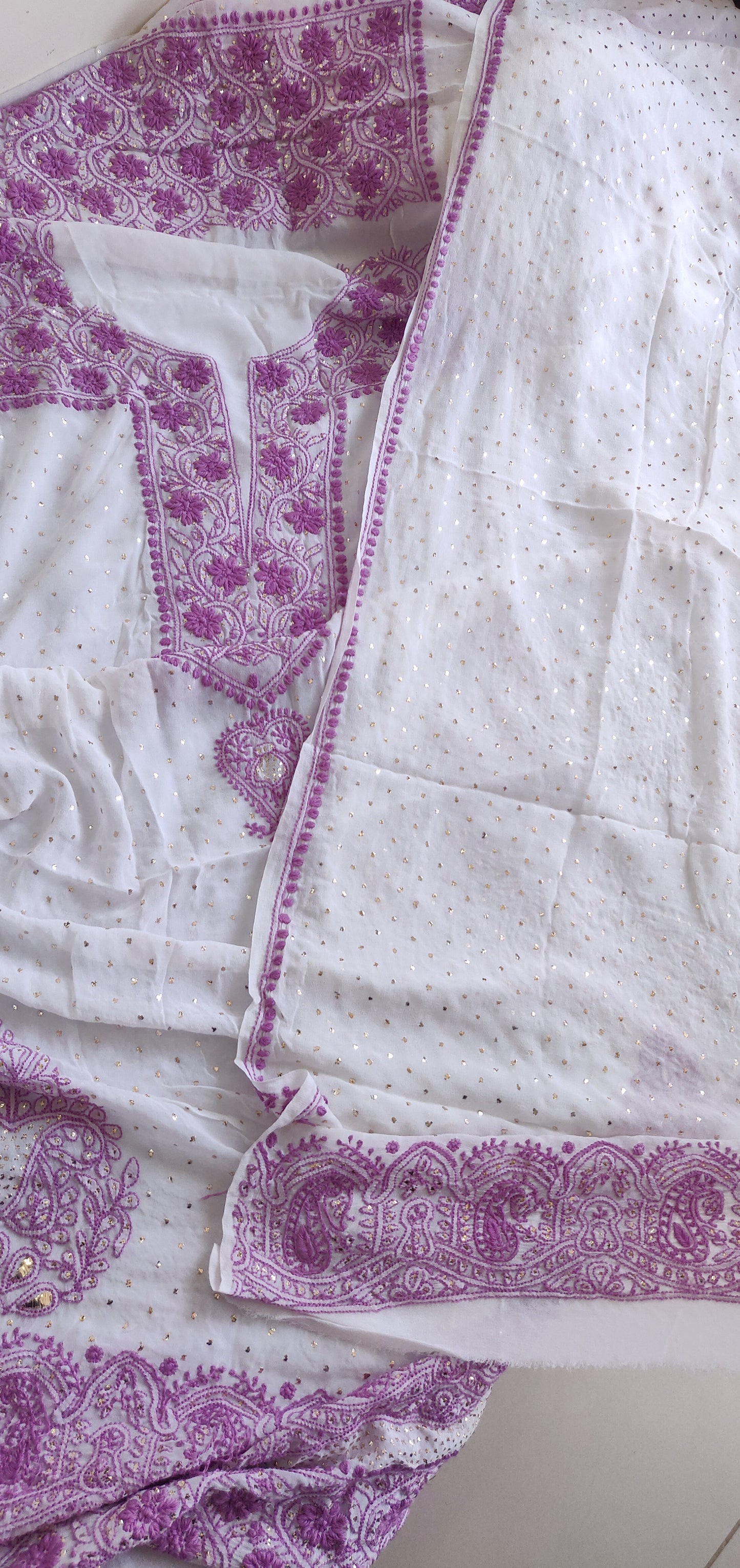 Ivory and lavender Pure georgette Chikankari and intricate mukaish kurta and Dupatta