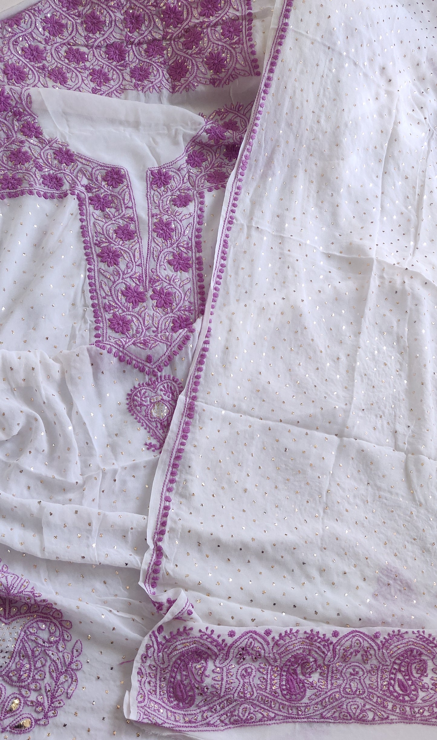 Ivory and lavender Pure georgette Chikankari and intricate mukaish kurta and Dupatta