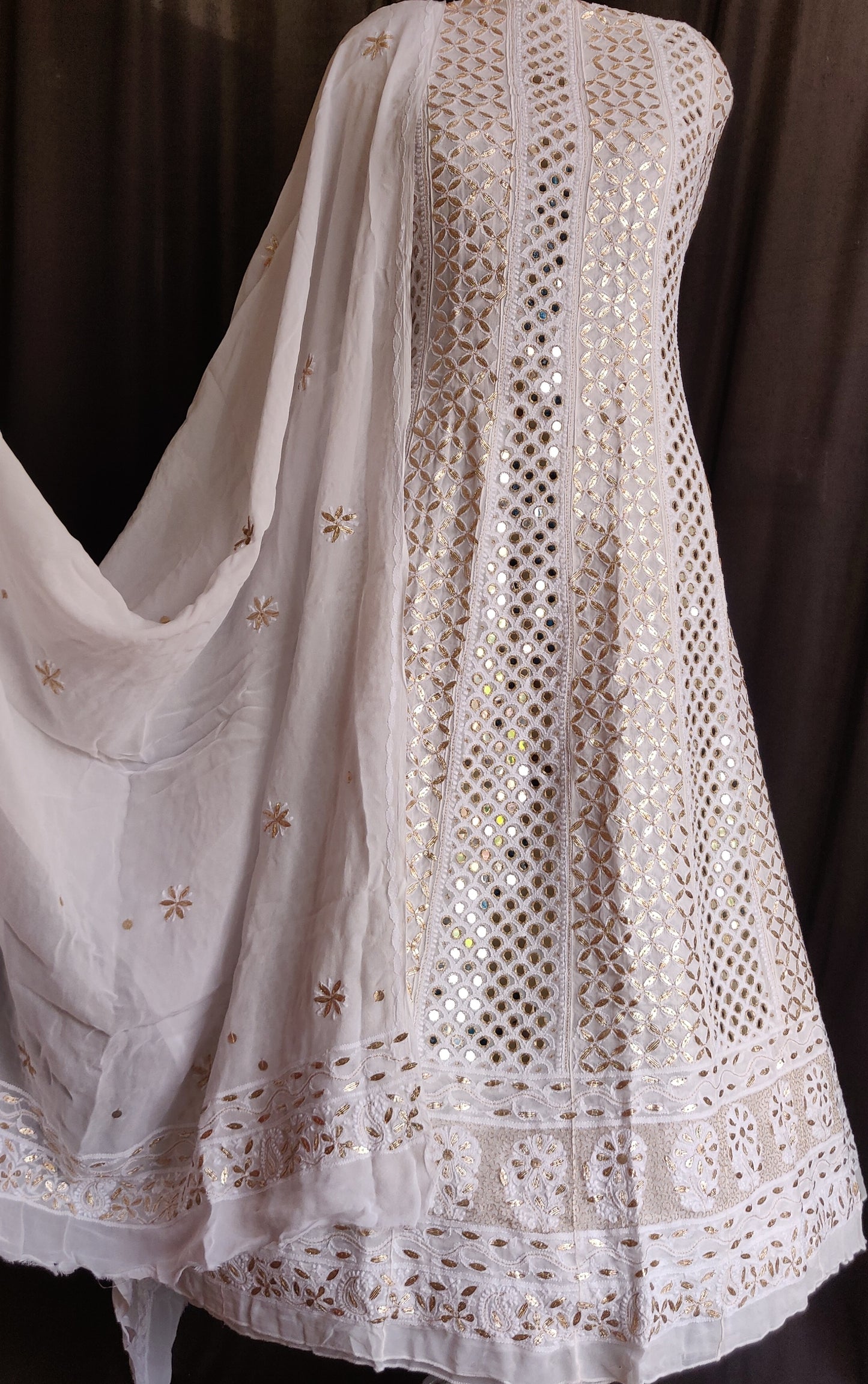 Ivory Chikankari and mirror work anarkali with dupatta