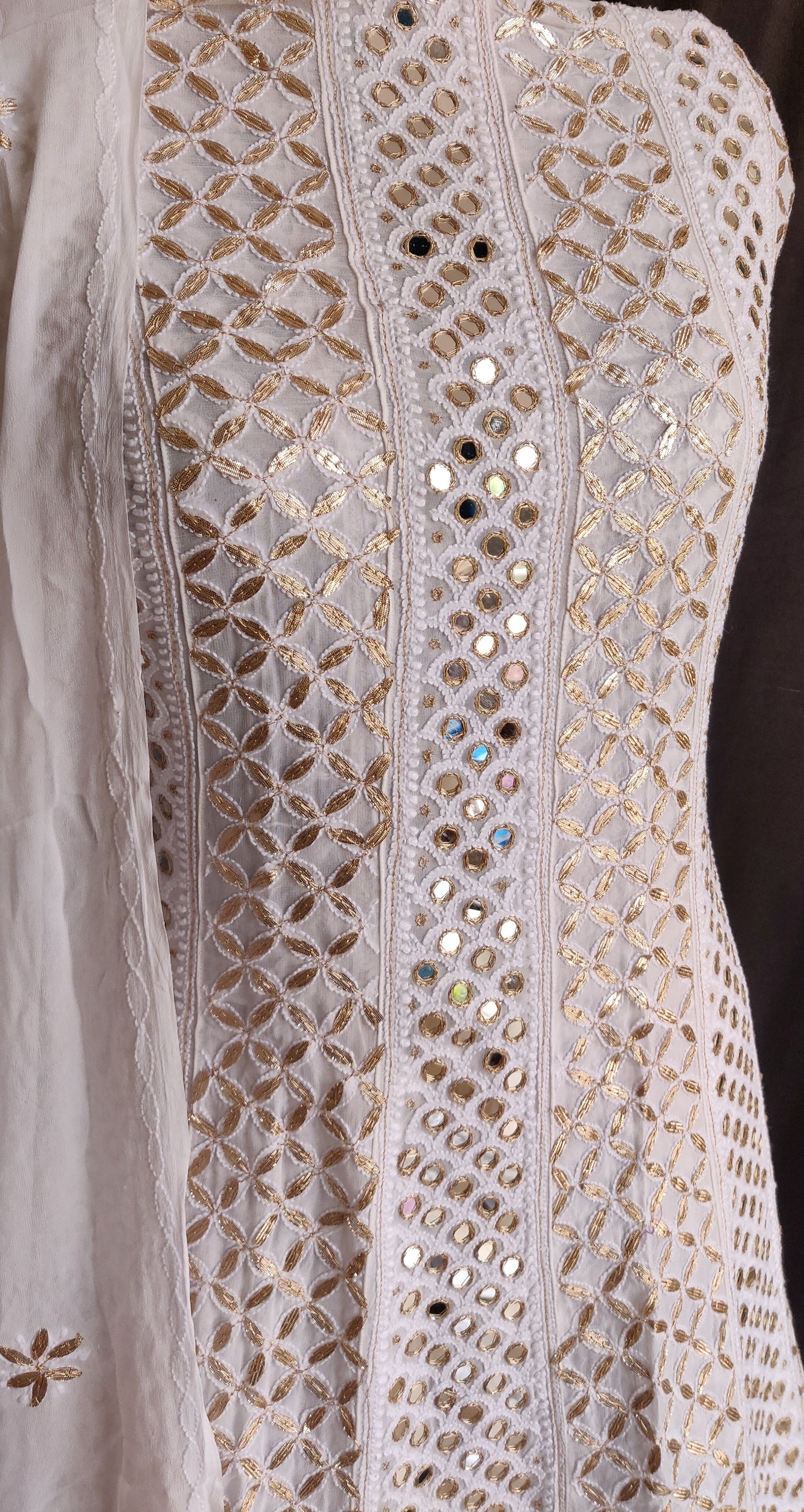 Ivory Chikankari and mirror work anarkali with dupatta