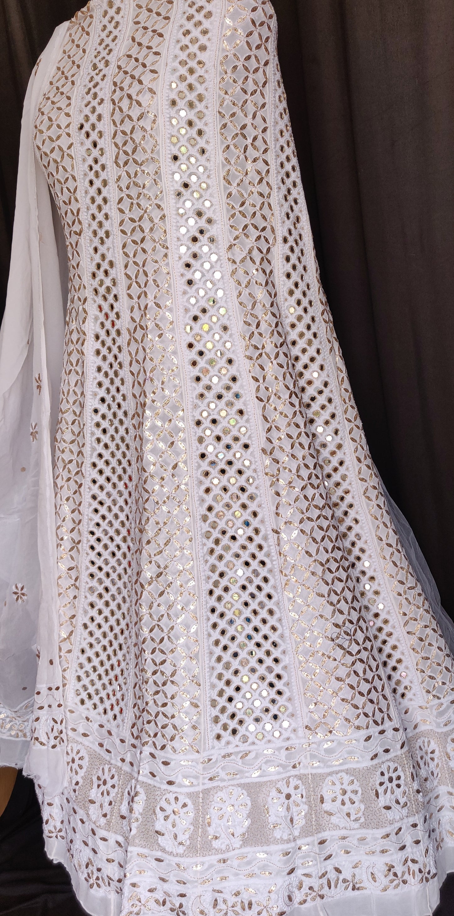 Ivory Chikankari and mirror work anarkali with dupatta