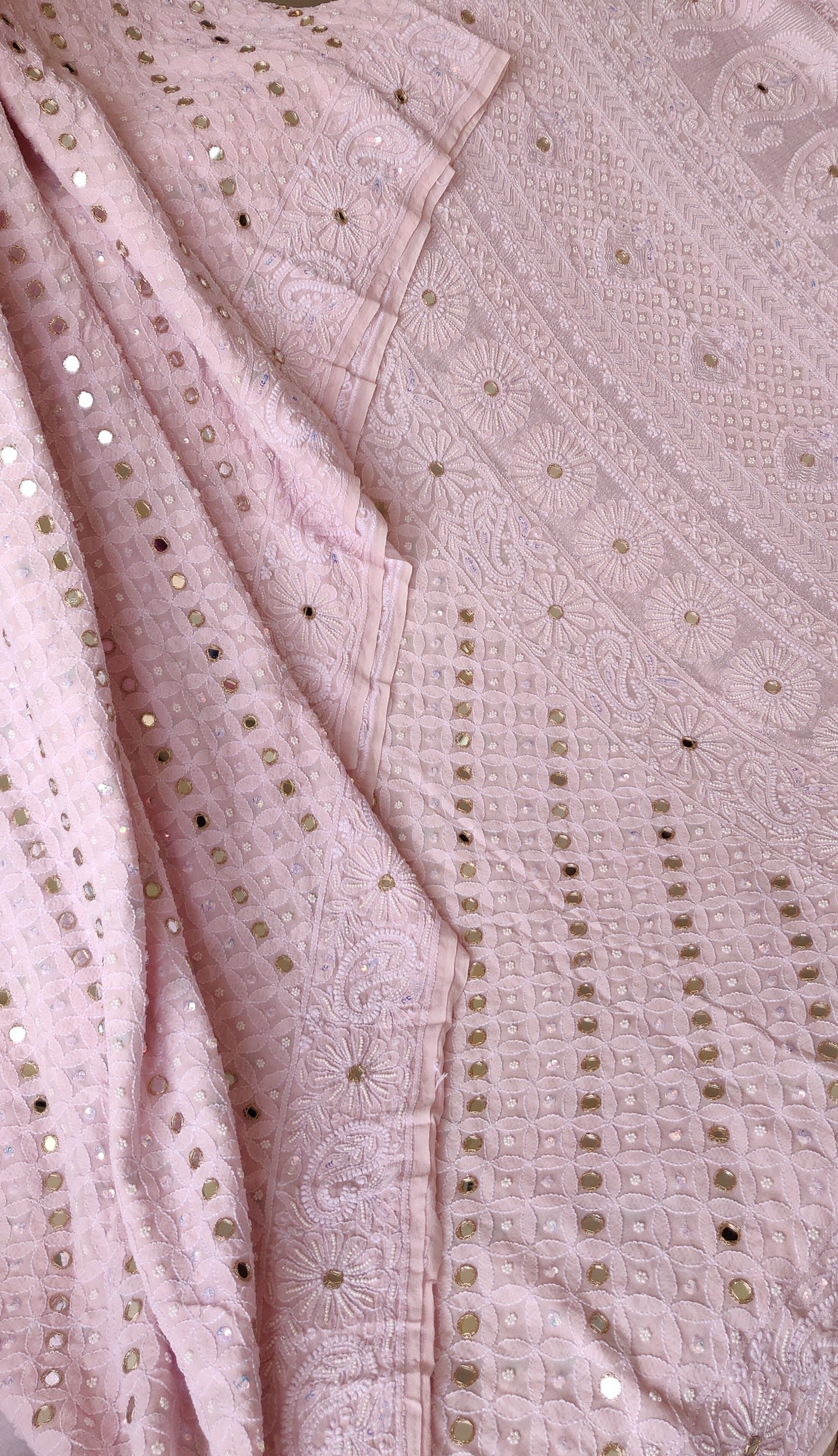 Ruhani Nude Pink Masterpiece Chikankari Mirrors and heavy pearl embroidered saree