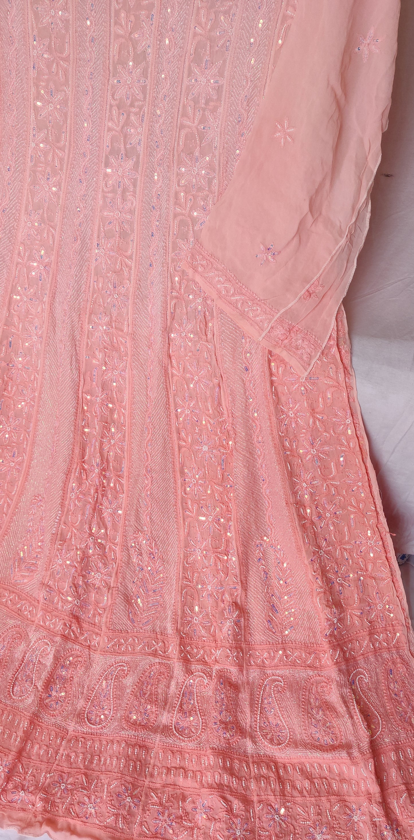 Peach ombre dyed anarkali with Chikankari and pearl embroidery