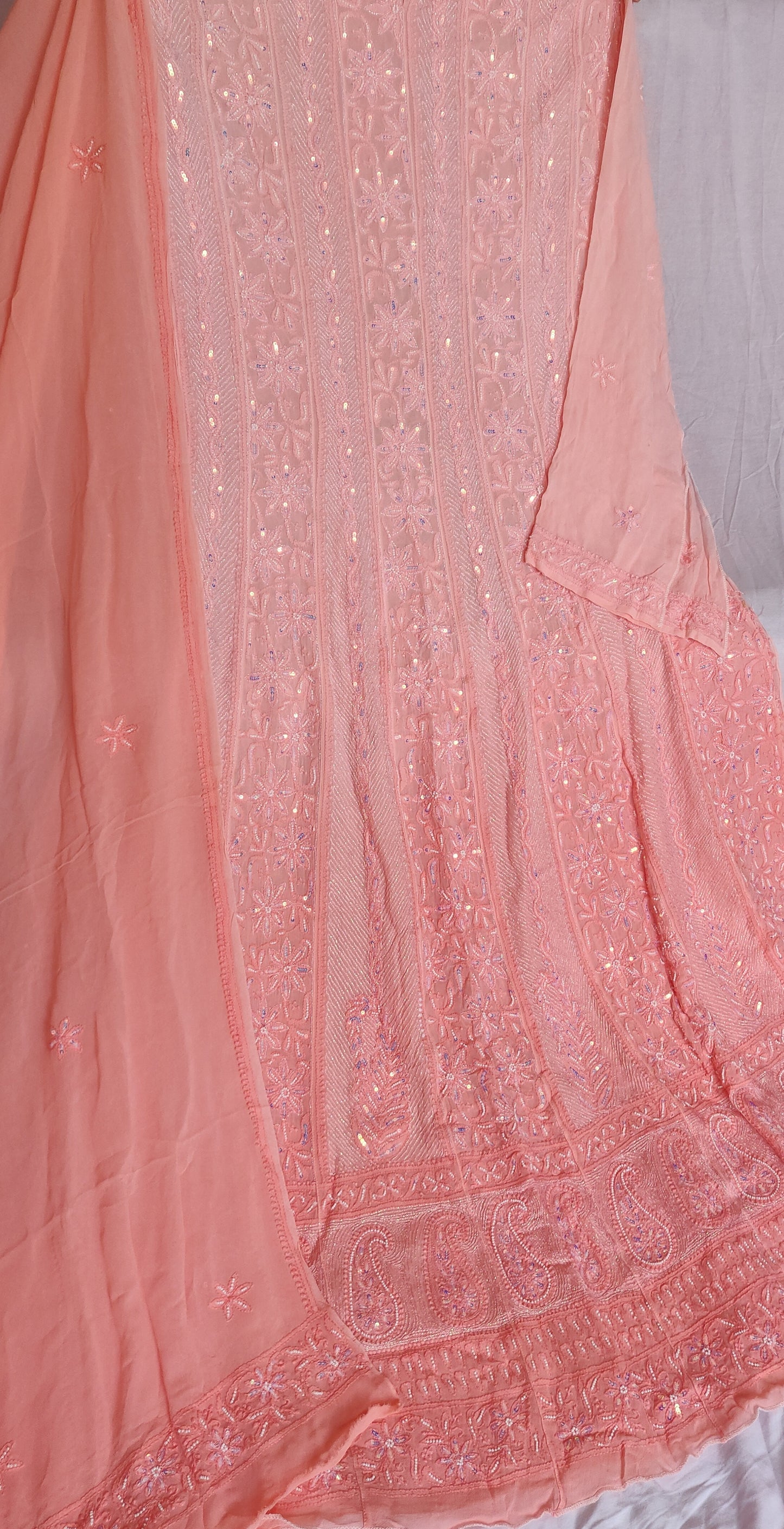 Peach ombre dyed anarkali with Chikankari and pearl embroidery