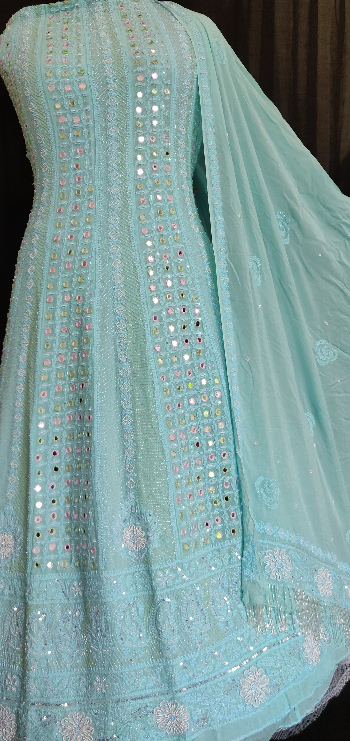 Firozi fine Chikankari mirror pearl and cut dana anarkali