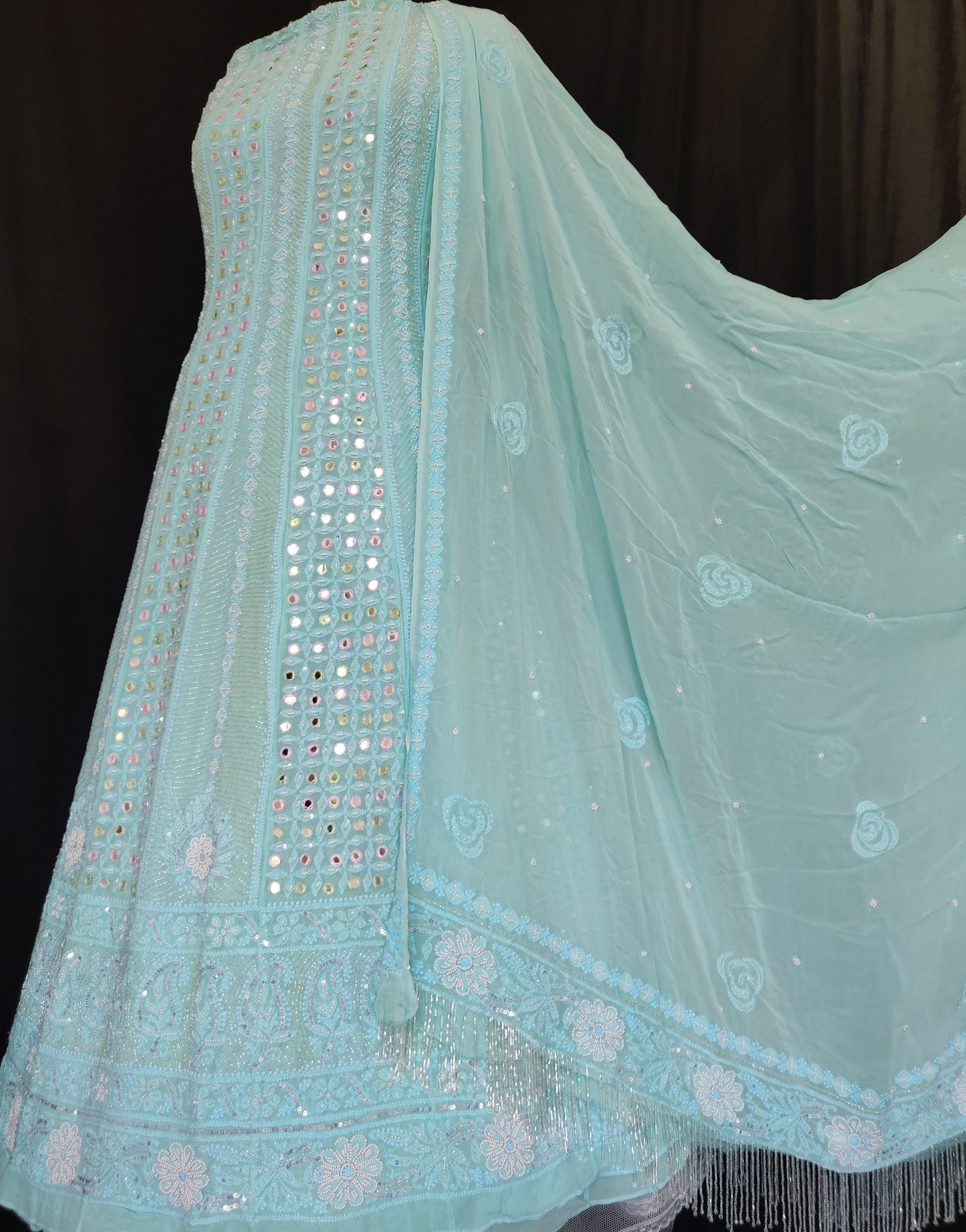 Firozi fine Chikankari mirror pearl and cut dana anarkali