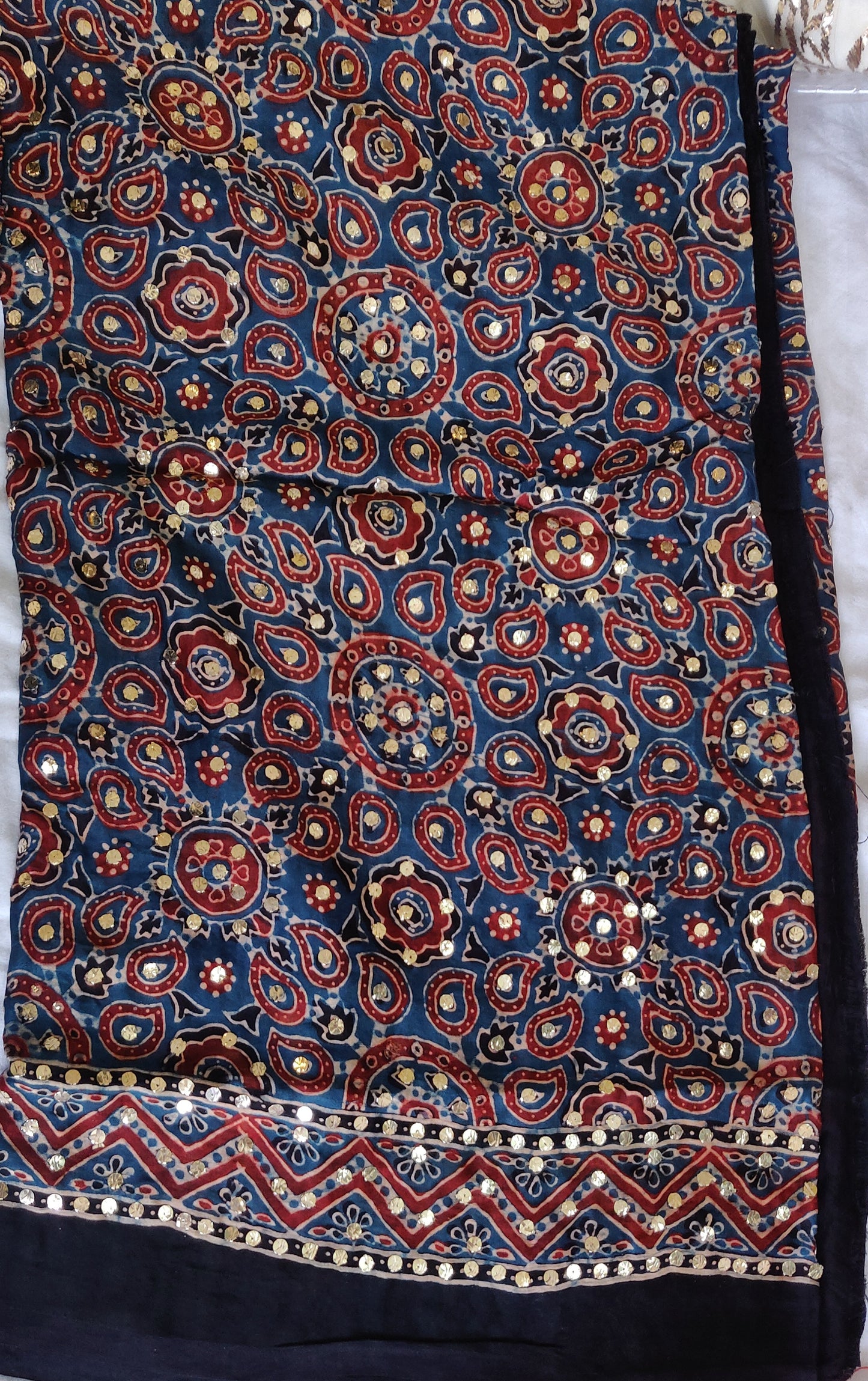 Blue modal silk ajrakh block printed dupatta with heavy mukaish