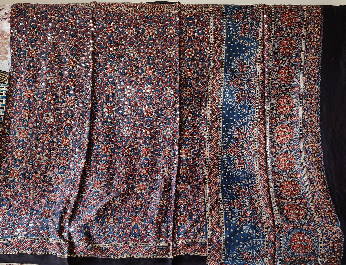 Blue modal silk ajrakh block printed dupatta with heavy mukaish