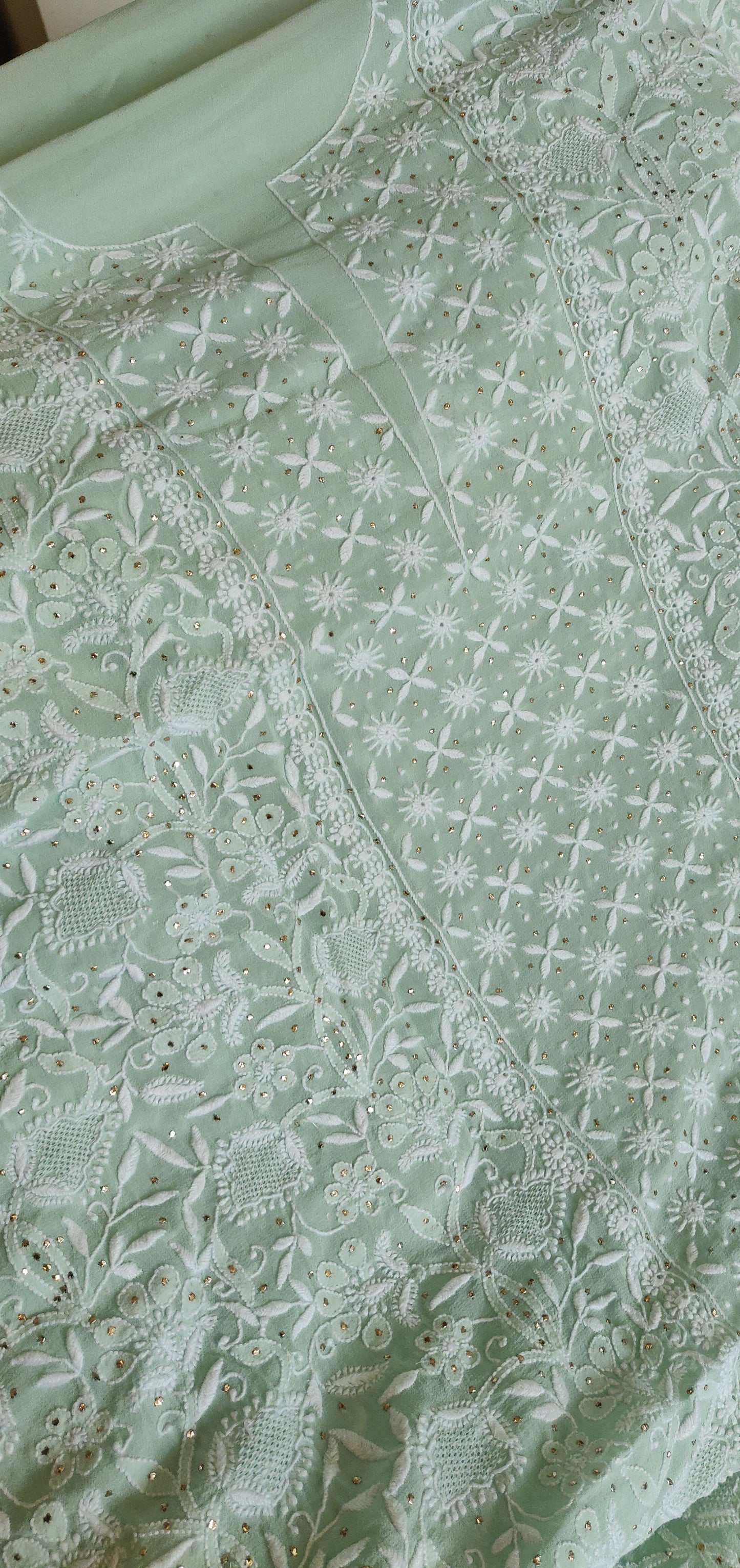 mint green 3 taar Chikankari Mukaish and jaali work kurta and dupatta