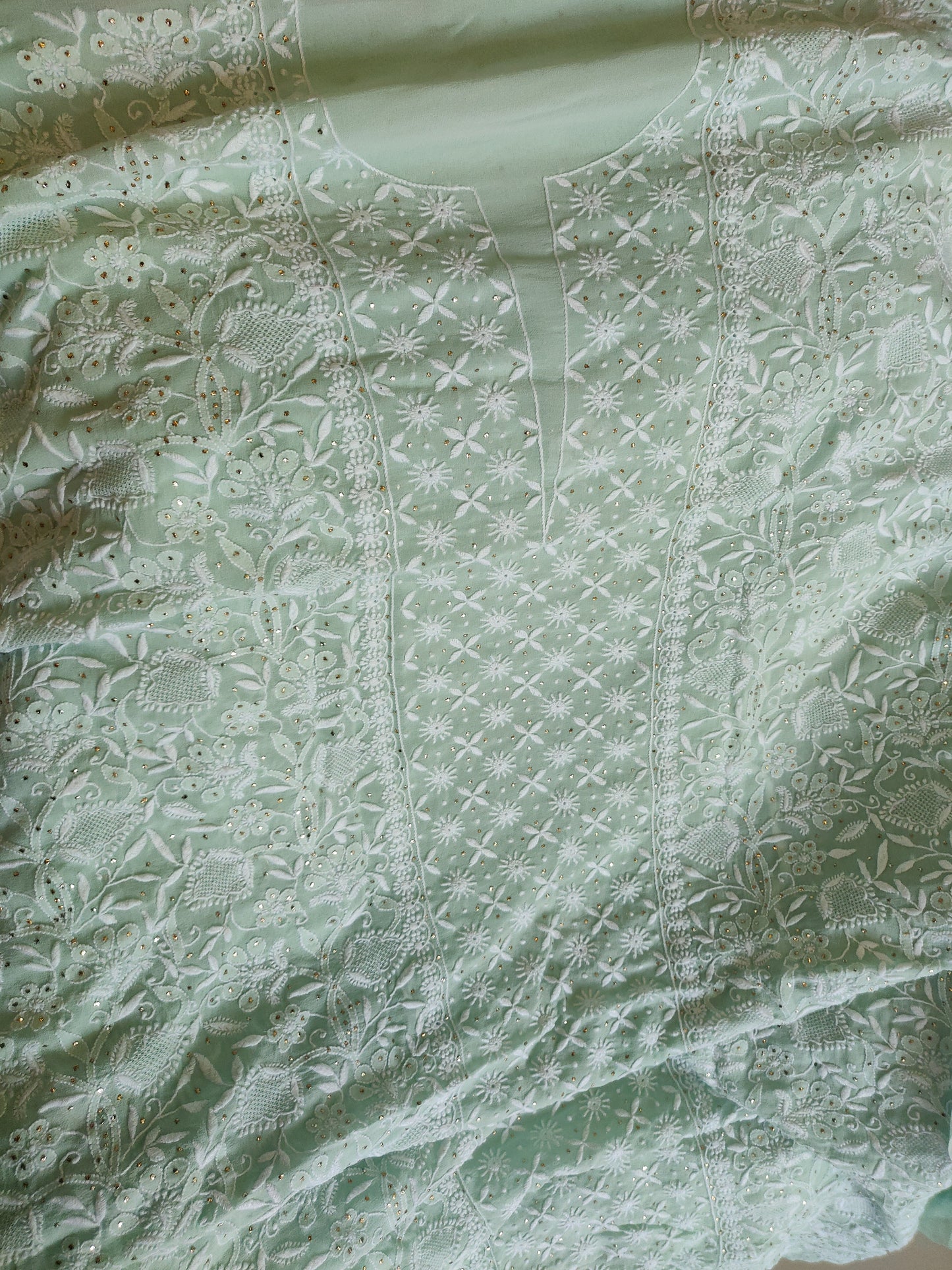 mint green 3 taar Chikankari Mukaish and jaali work kurta and dupatta