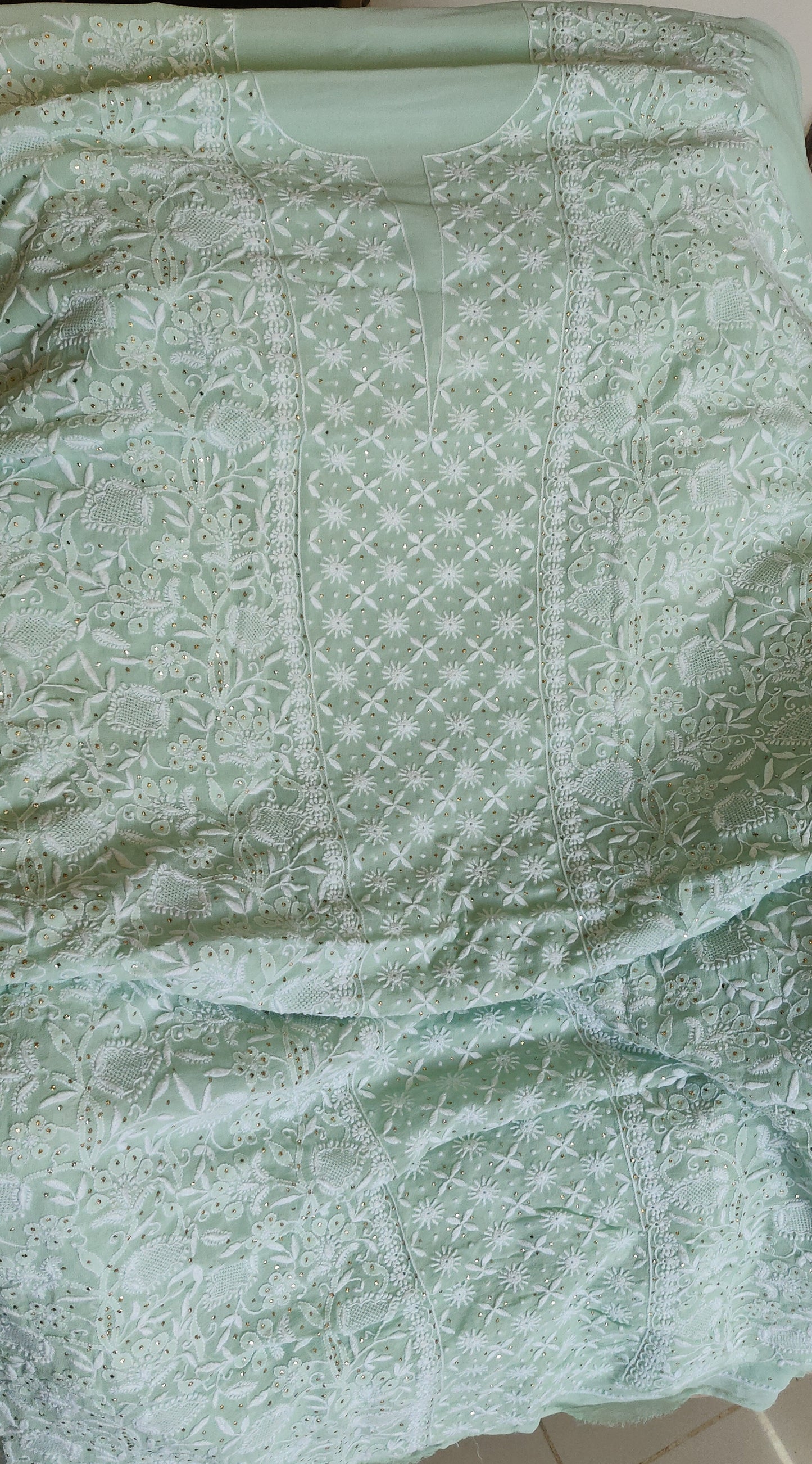 mint green 3 taar Chikankari Mukaish and jaali work kurta and dupatta