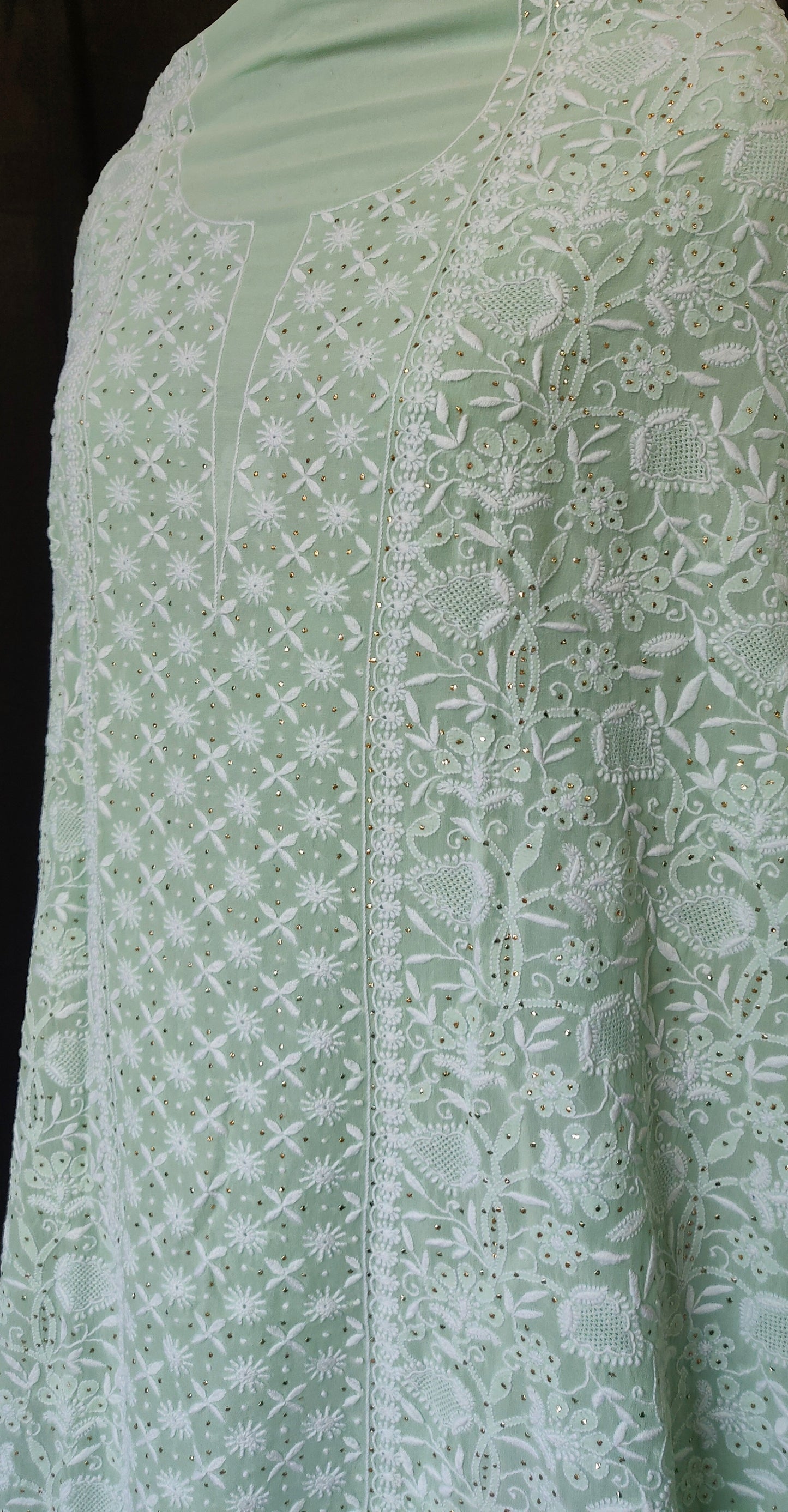 mint green 3 taar Chikankari Mukaish and jaali work kurta and dupatta