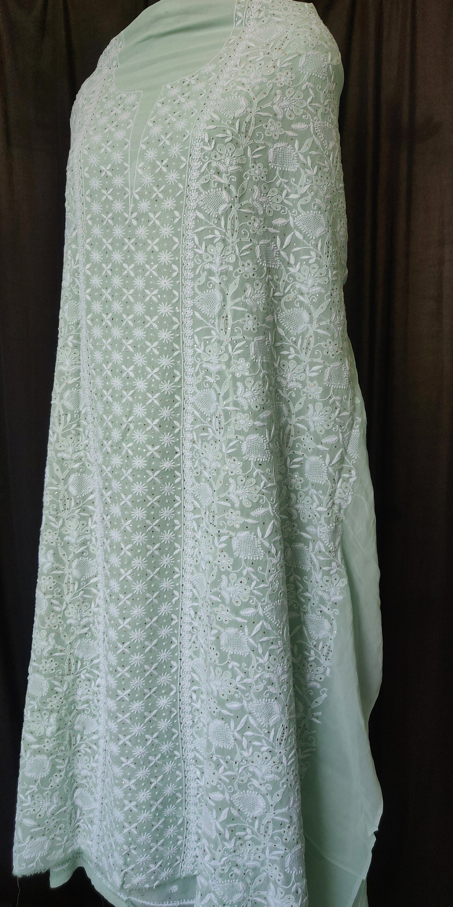 mint green 3 taar Chikankari Mukaish and jaali work kurta and dupatta