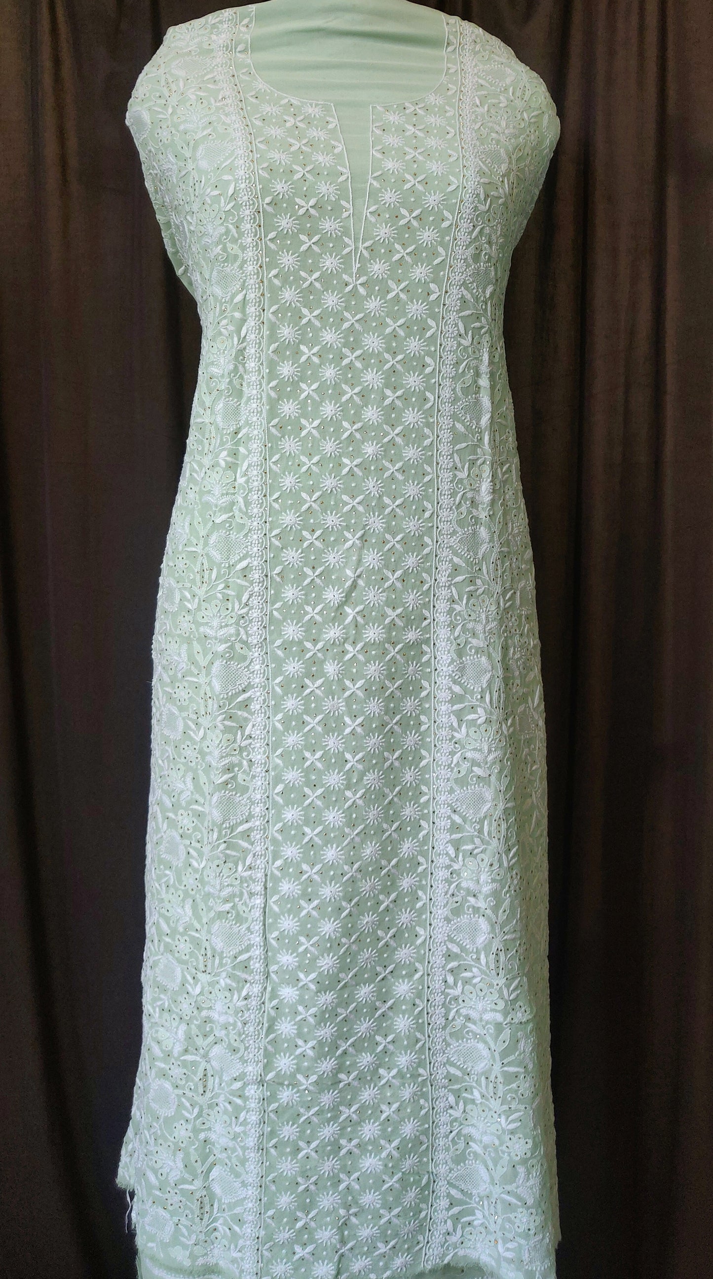 mint green 3 taar Chikankari Mukaish and jaali work kurta and dupatta