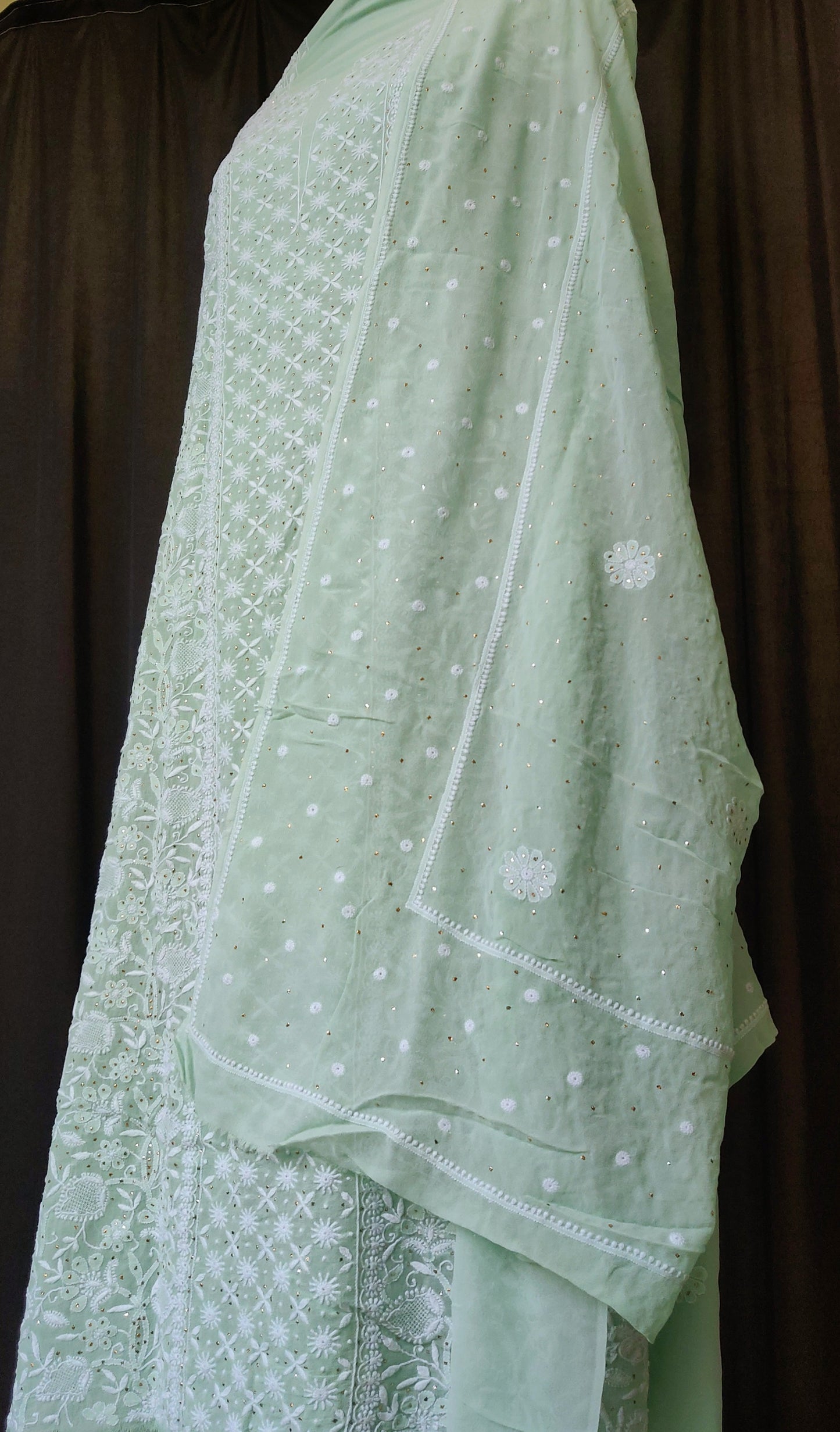 mint green 3 taar Chikankari Mukaish and jaali work kurta and dupatta