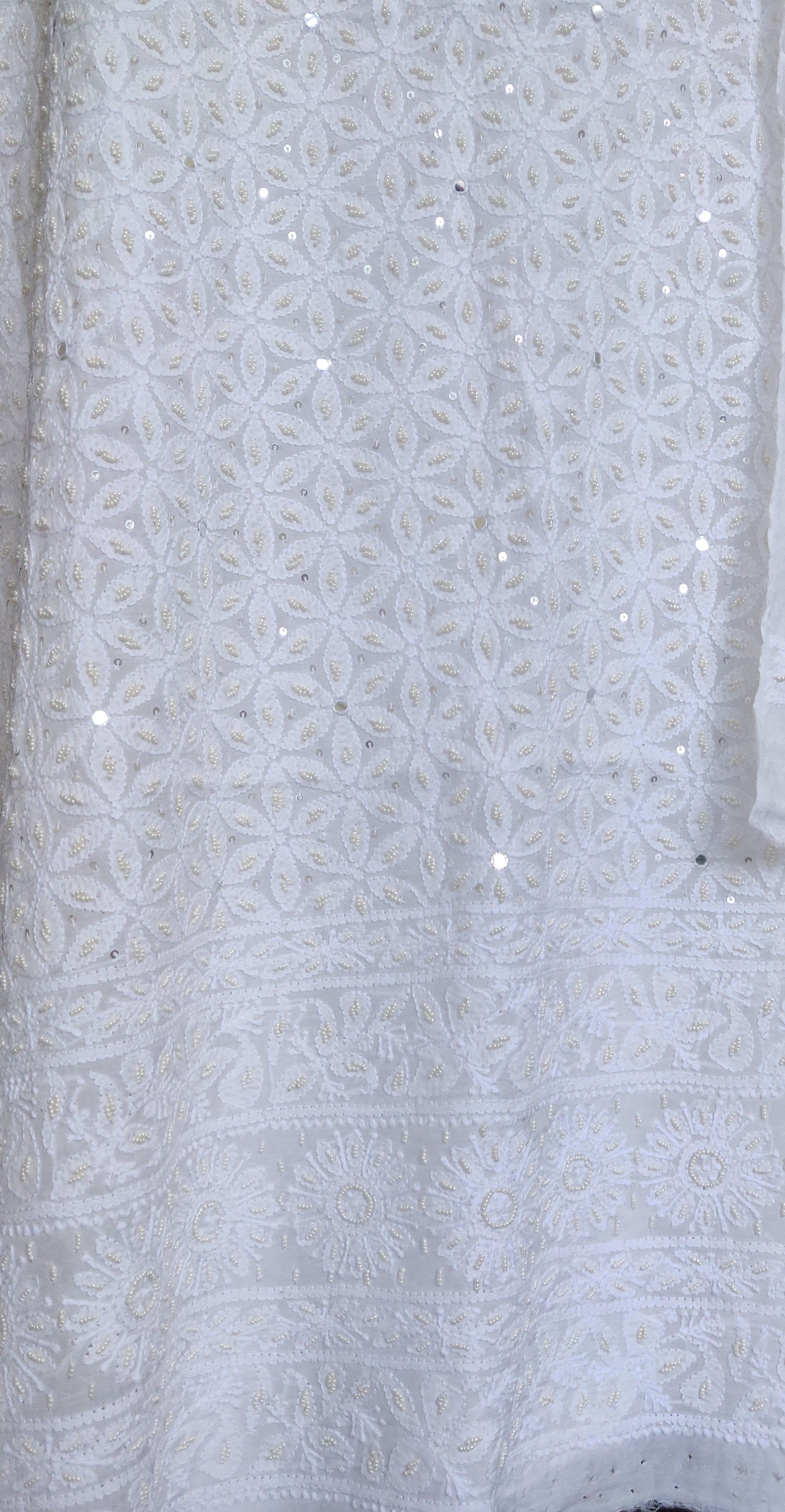 White Chikankari Muslin Kurta and dupatta set with pearl and sequins work