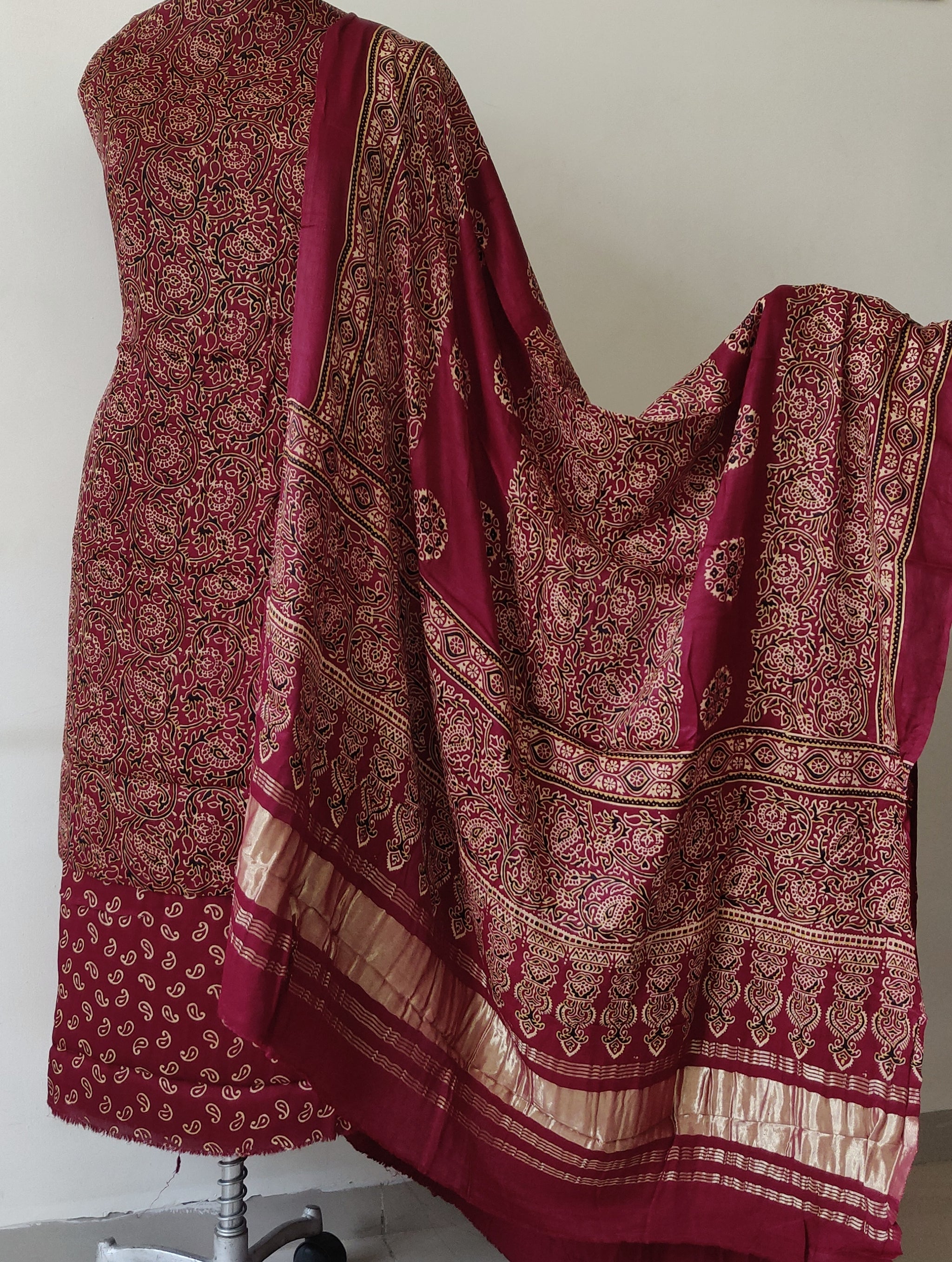 Brown - 3pc Natural Dyed Modal Silk Ajrakh Print Unstitched Kurta Material Set 11