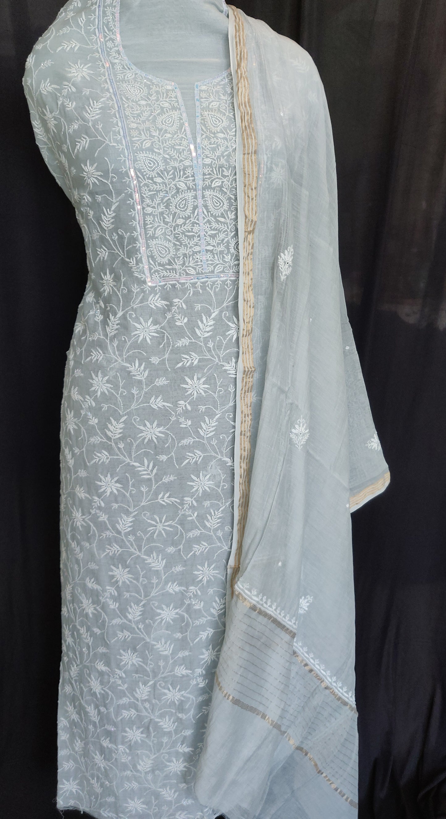 Powder Bluish Grey Mulmul Chanderi Chikankari kurta and dupatta