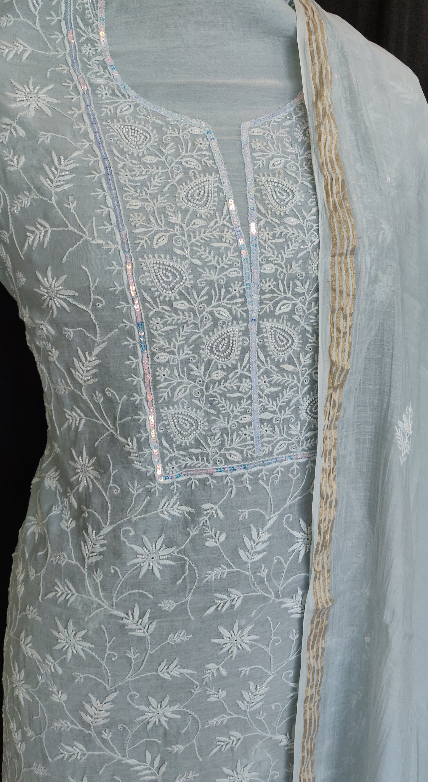 Powder Bluish Grey Mulmul Chanderi Chikankari kurta and dupatta