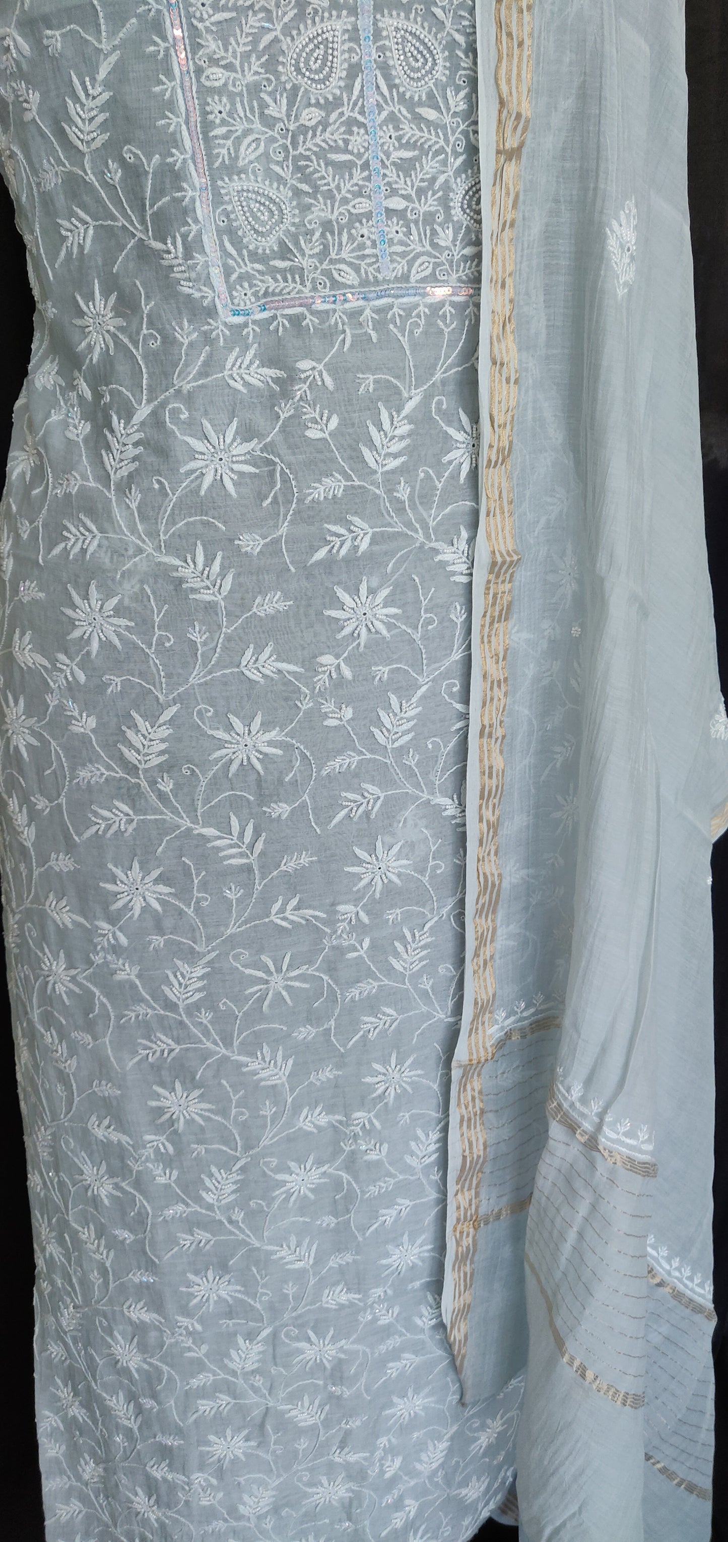 Powder Bluish Grey Mulmul Chanderi Chikankari kurta and dupatta