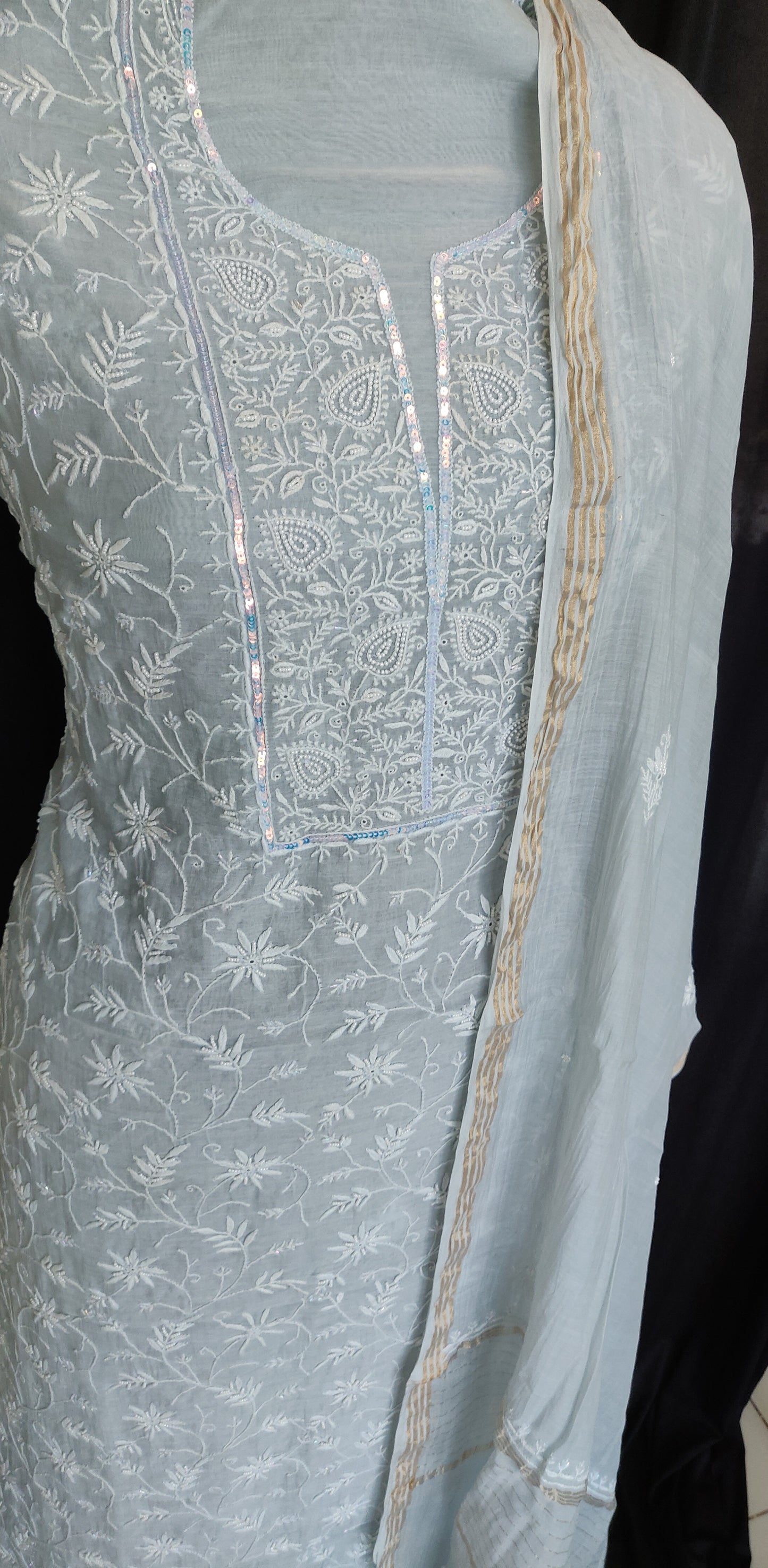 Powder Bluish Grey Mulmul Chanderi Chikankari kurta and dupatta