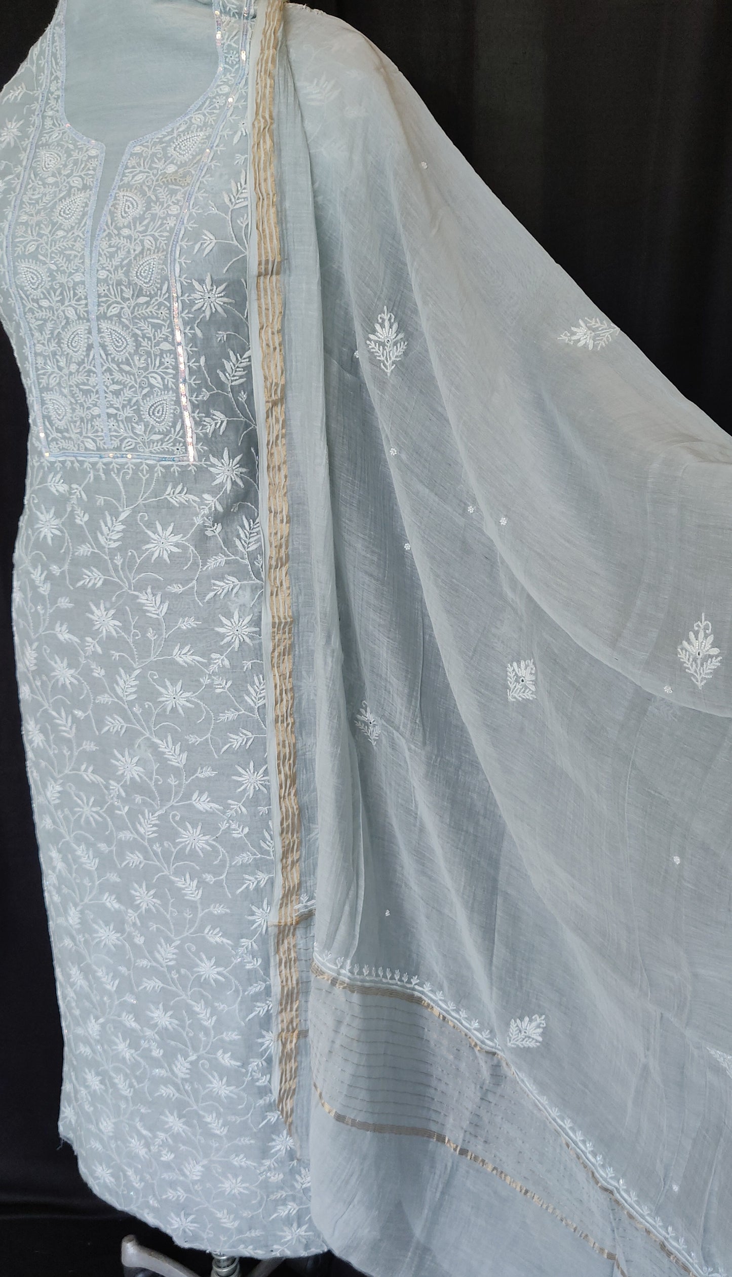 Powder Bluish Grey Mulmul Chanderi Chikankari kurta and dupatta