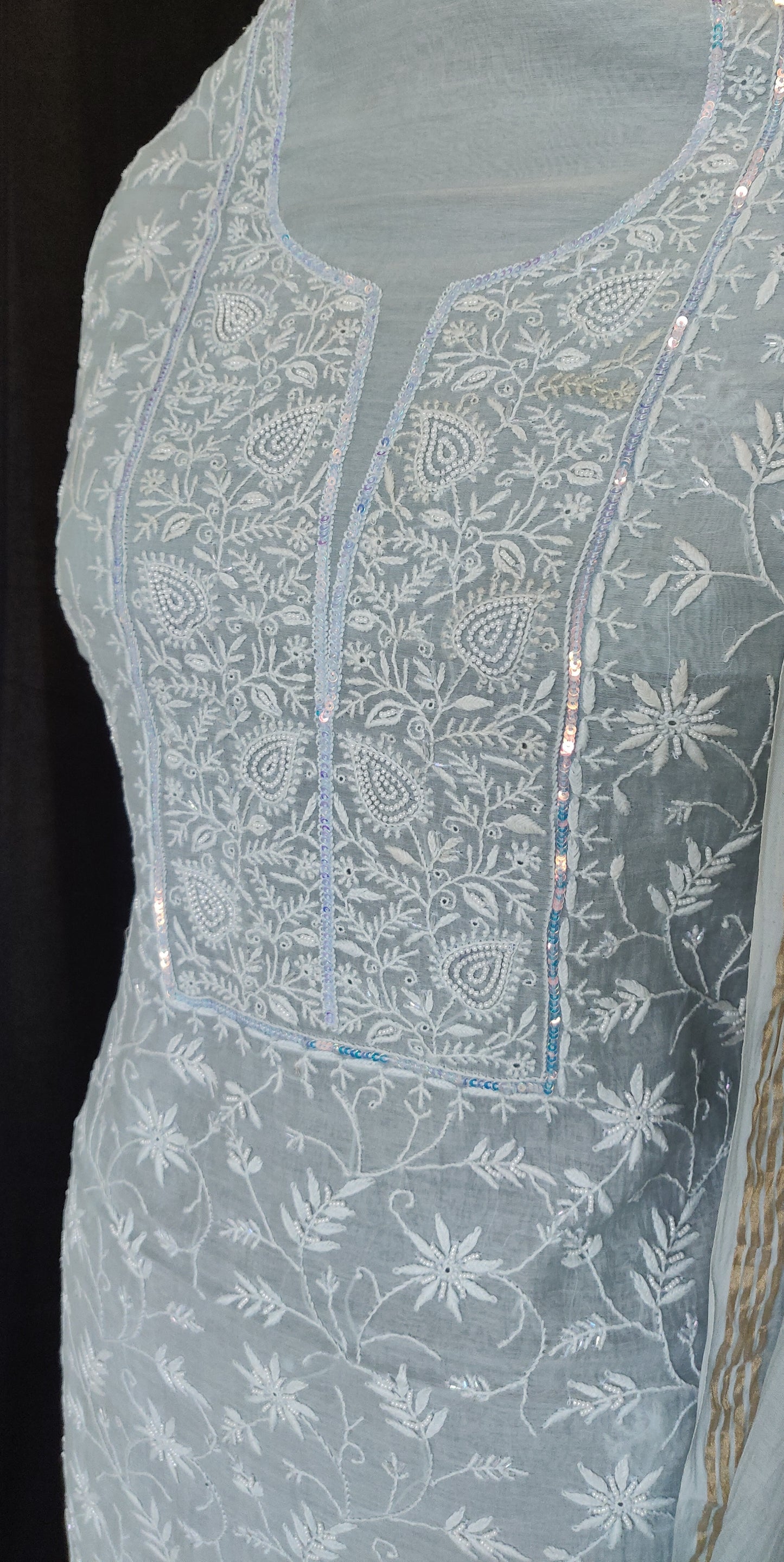 Powder Bluish Grey Mulmul Chanderi Chikankari kurta and dupatta