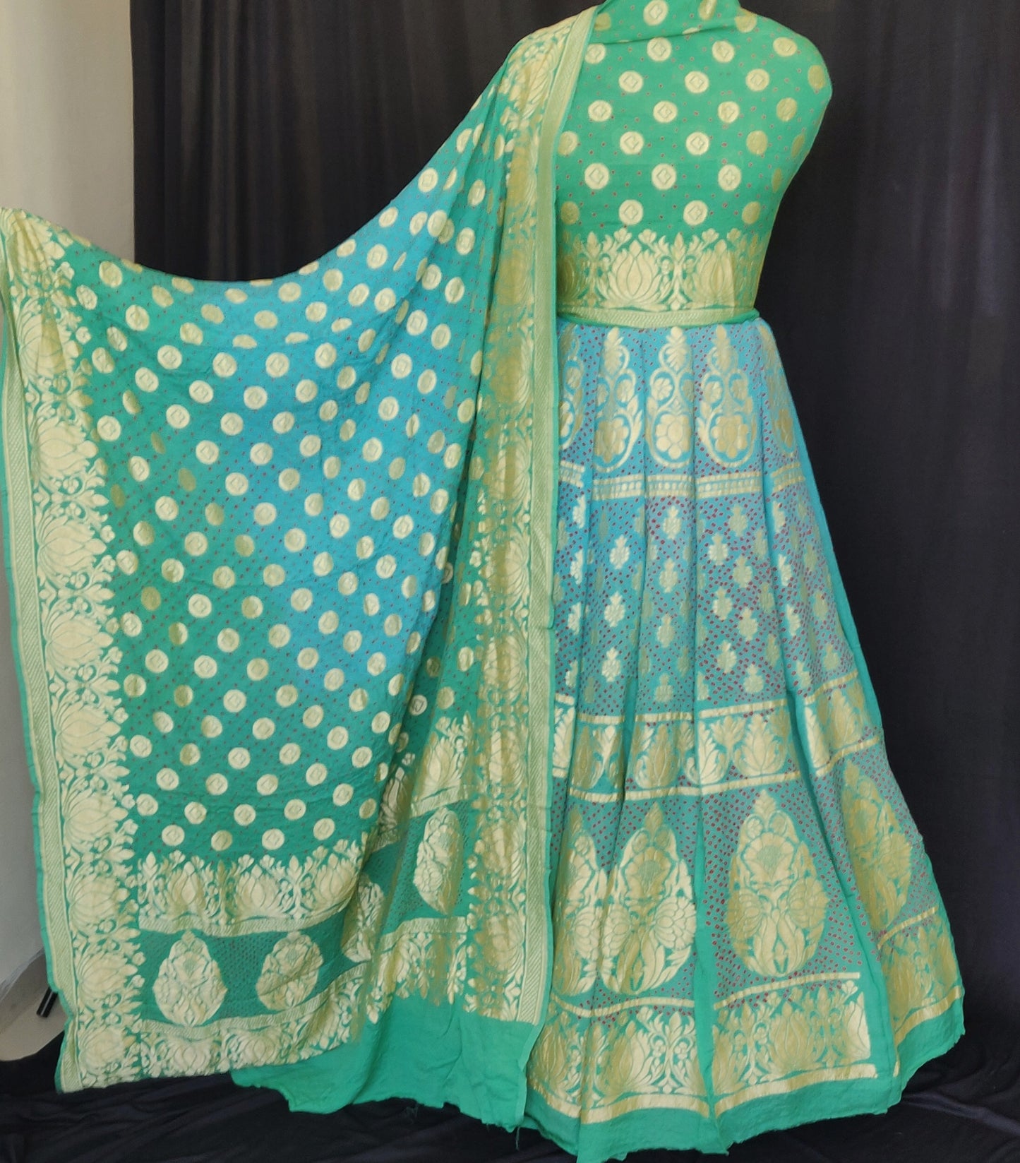 Firozi green and blue shaded pure georgette banarasi with bandhej Lehenga set