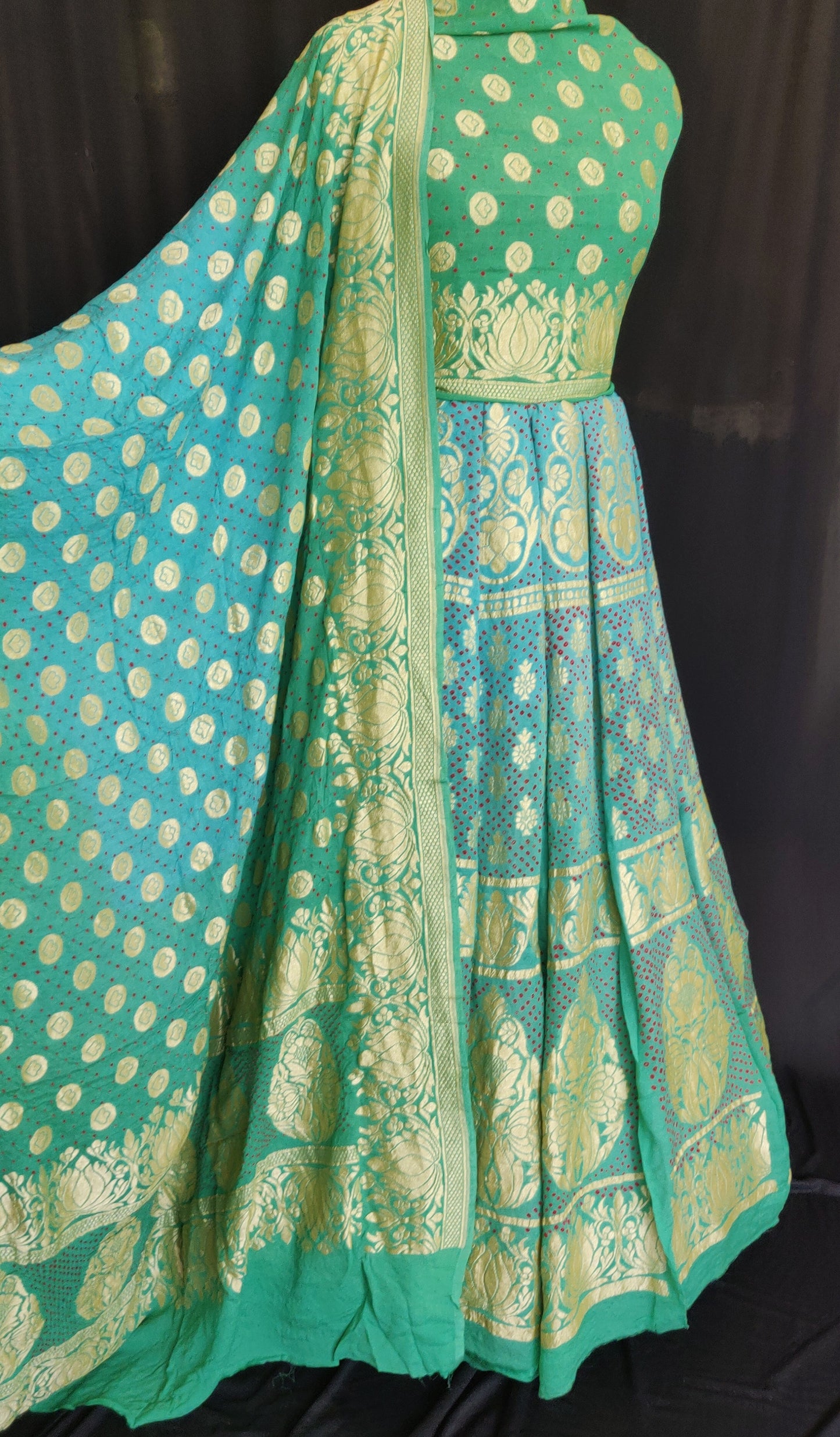 Firozi green and blue shaded pure georgette banarasi with bandhej Lehenga set