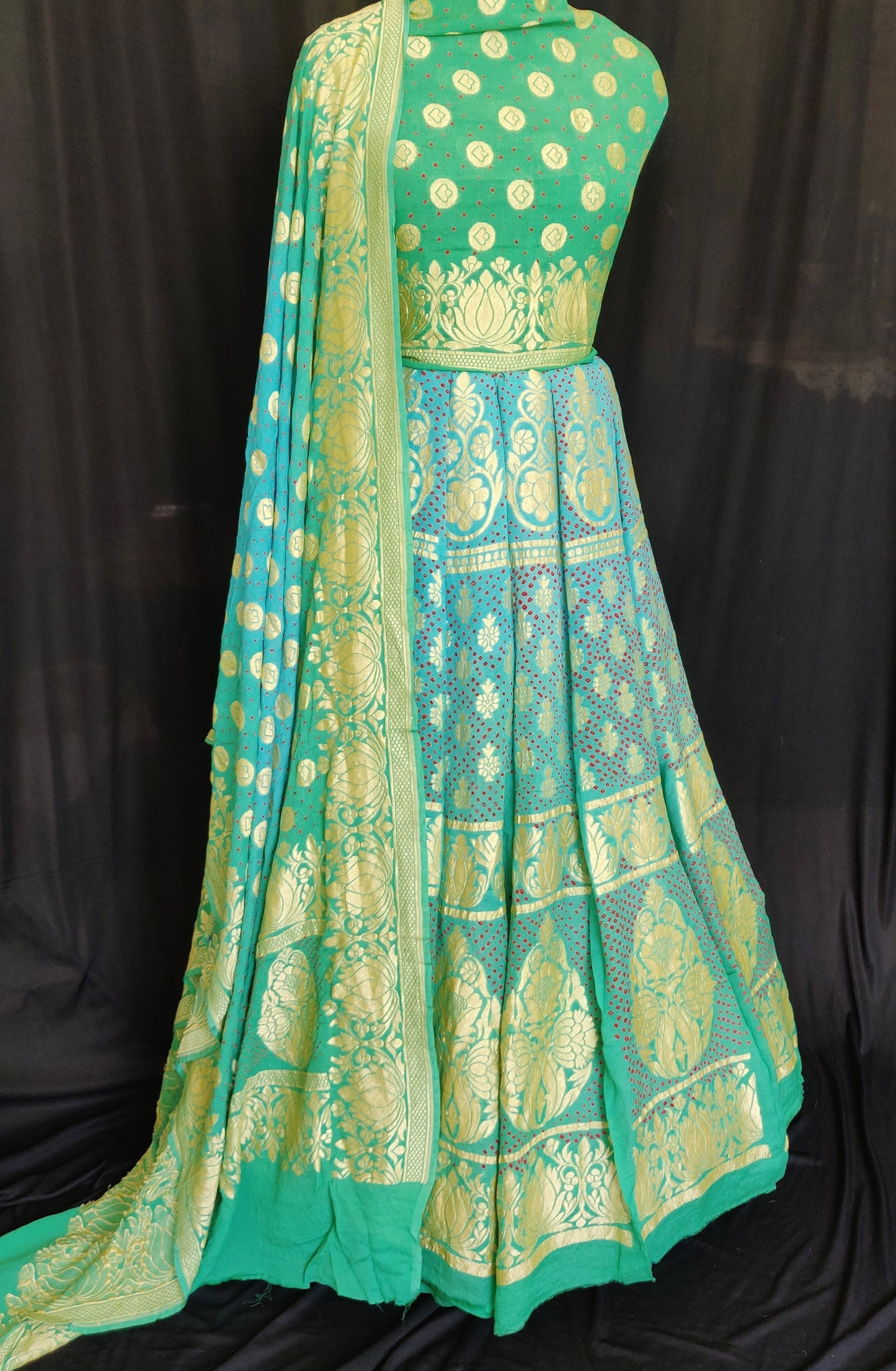 Firozi green and blue shaded pure georgette banarasi with bandhej Lehenga set