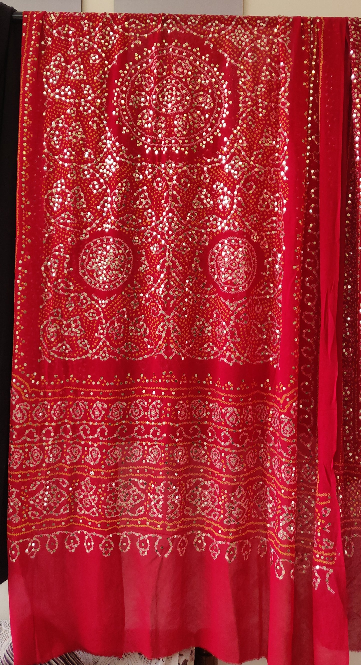 Red pure georgette bandhej dupatta with heavy mukaish work