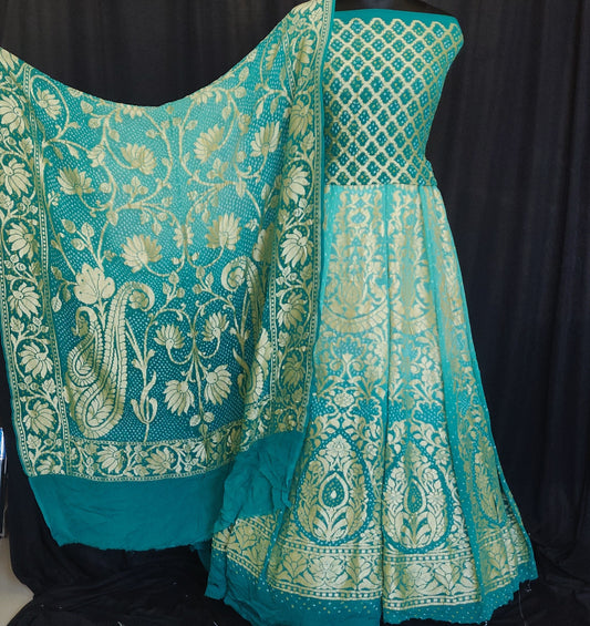 Turquoise Shaded Khaddi Georgette Banarasi with Bandhej Lehenga Set