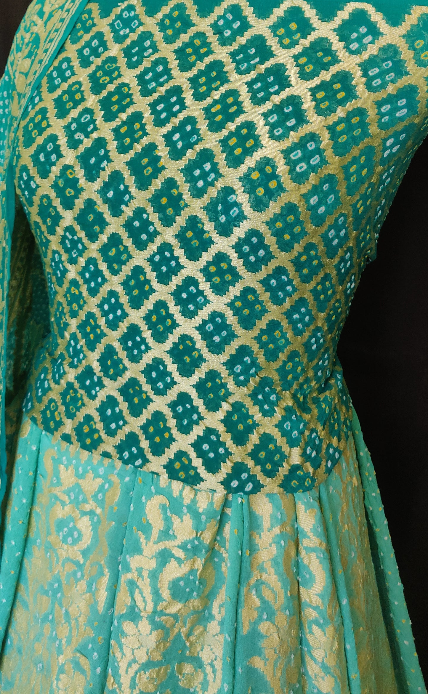 Turquoise Shaded Khaddi Georgette Banarasi with Bandhej Lehenga Set