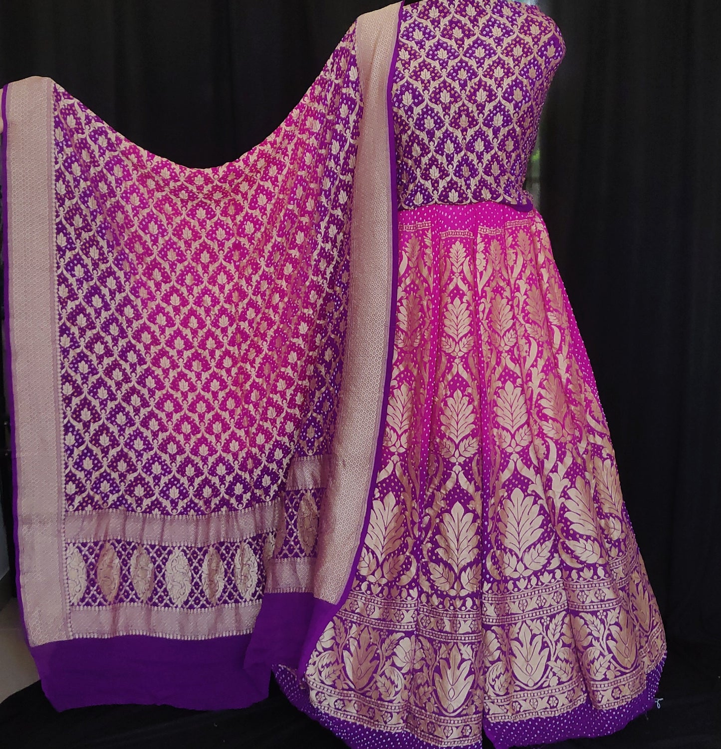 Purple and Pink Shaded Banarasi Bandhej Khaddi Georgette Lehenga Set