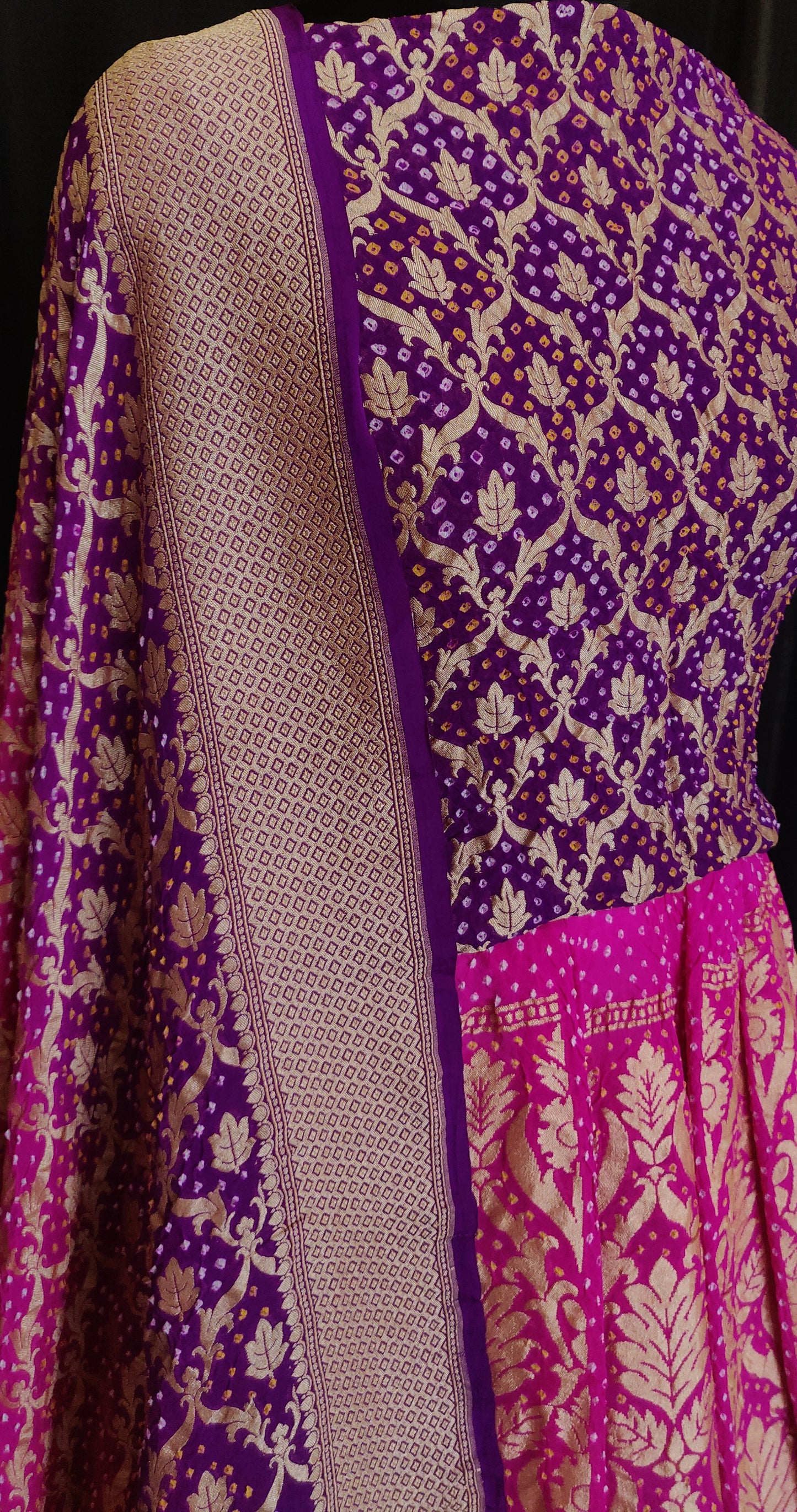 Purple and Pink Shaded Banarasi Bandhej Khaddi Georgette Lehenga Set
