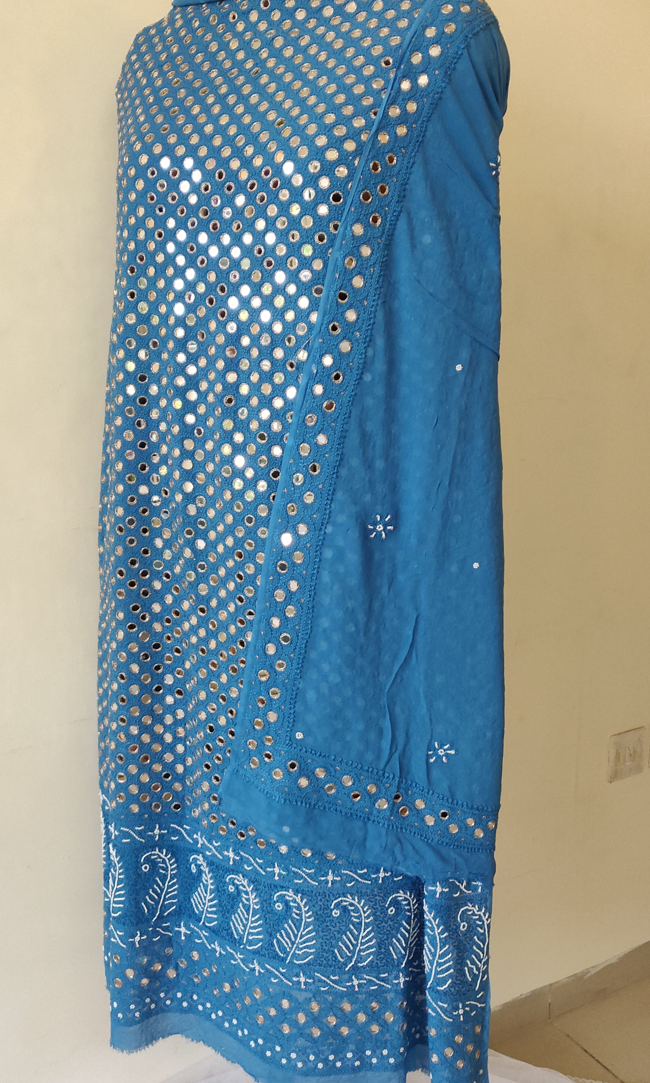 Blue Chikankari Mirror and Pearl work Kurta and Dupatta